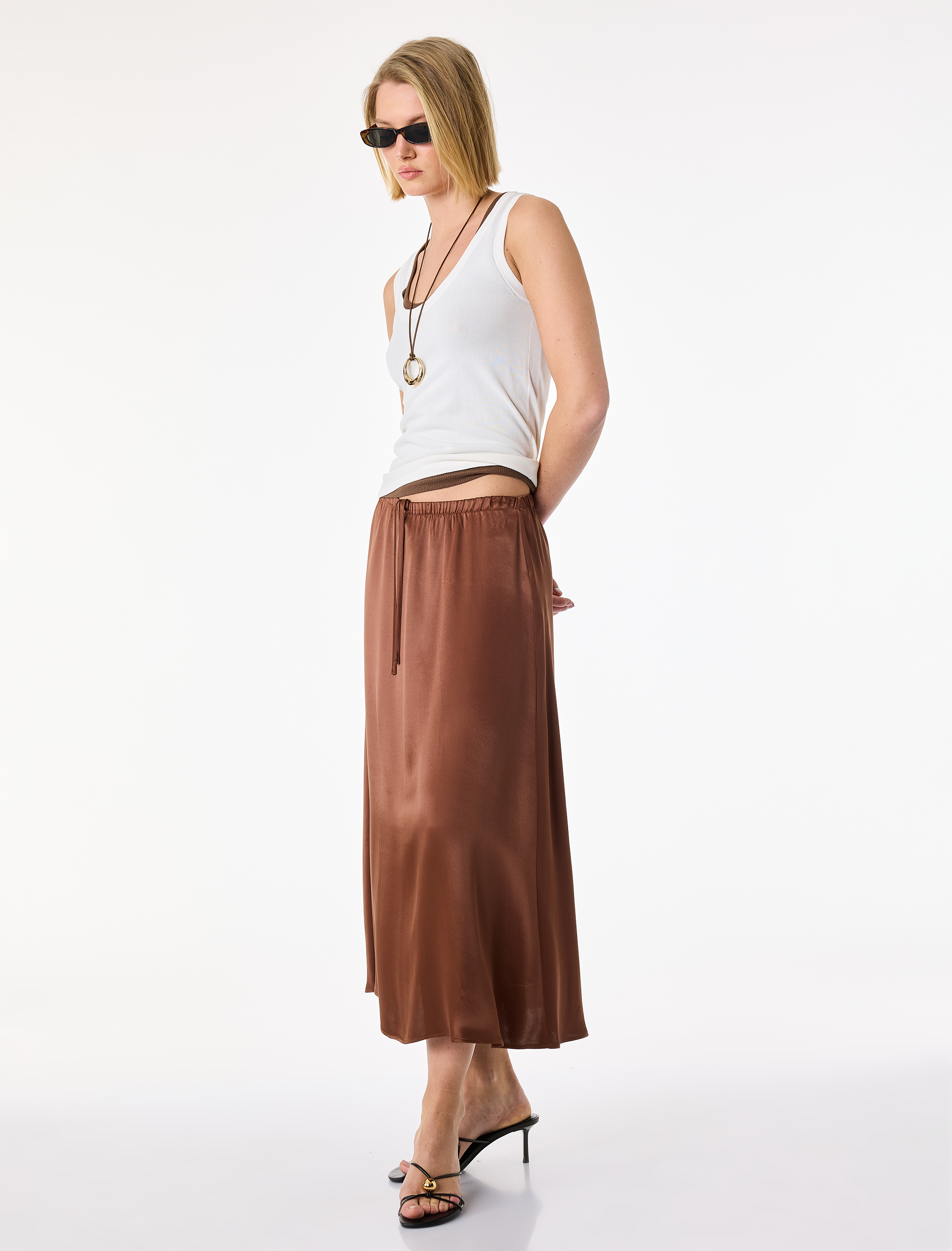   Aerobin Kumaş Beli Lastikli Asimetrik Kesim Saten Balon Pantolon