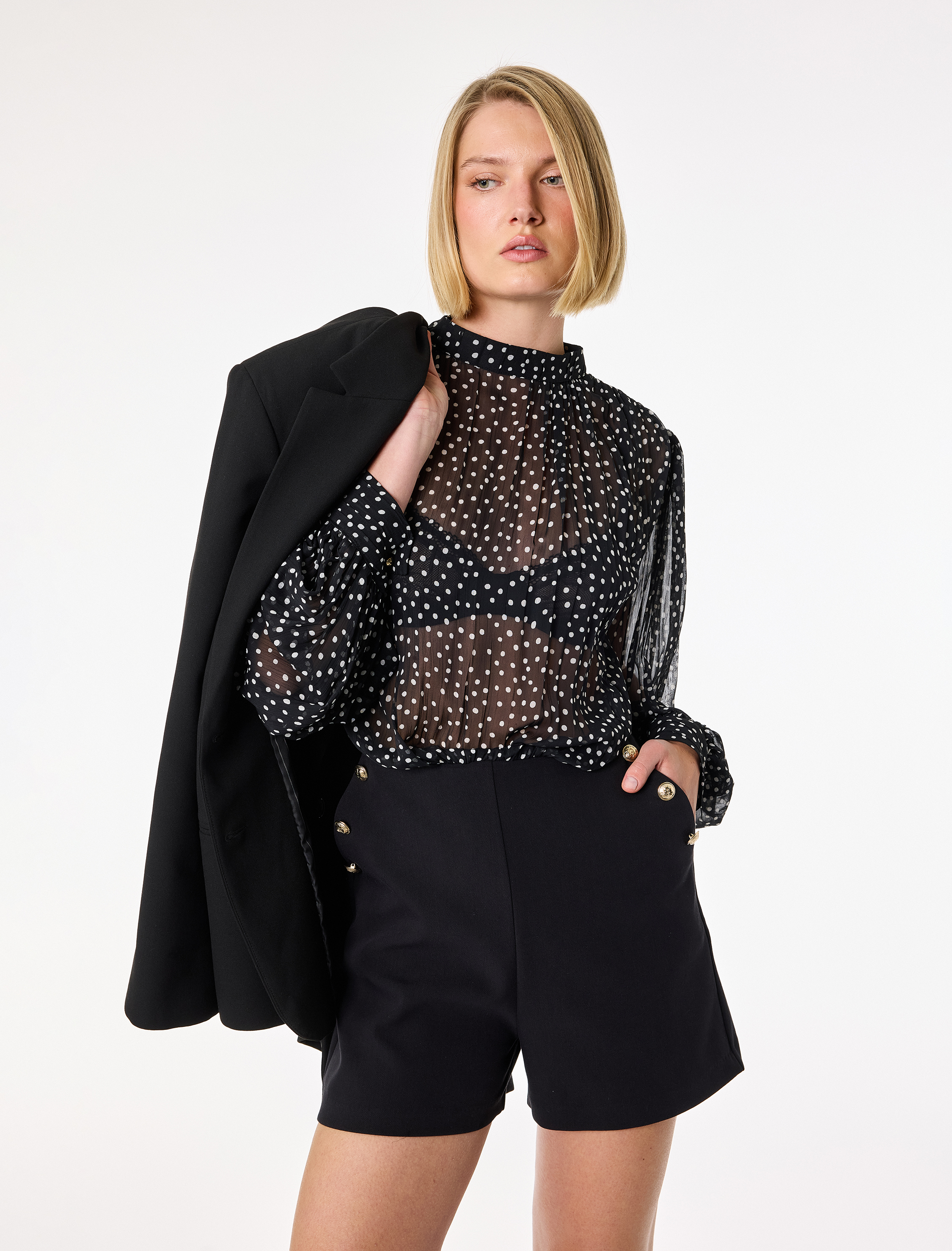   Puantiyeli Şifon Uzun Kollu Bisiklet Yaka Mini Tulum