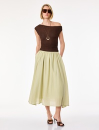 Viskon Kumaş Pile Detaylı Cepli Çan Kesim Midi Etek