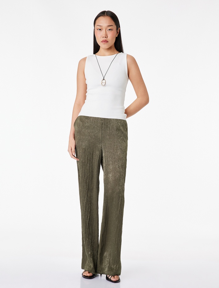  Beli Lastikli Cepli Geniş Paça Dokulu Saten Pantolon