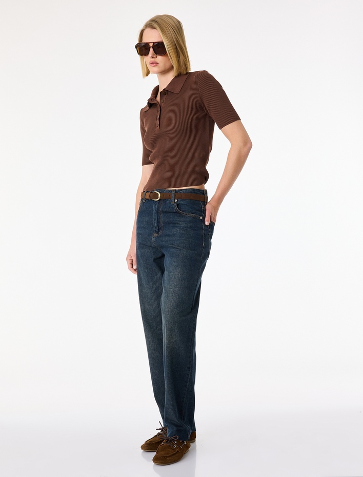  Pamuklu Düğmeli Cepli Normal Bel Düz Paça Denim Pantolon - Tapered Fit Jean