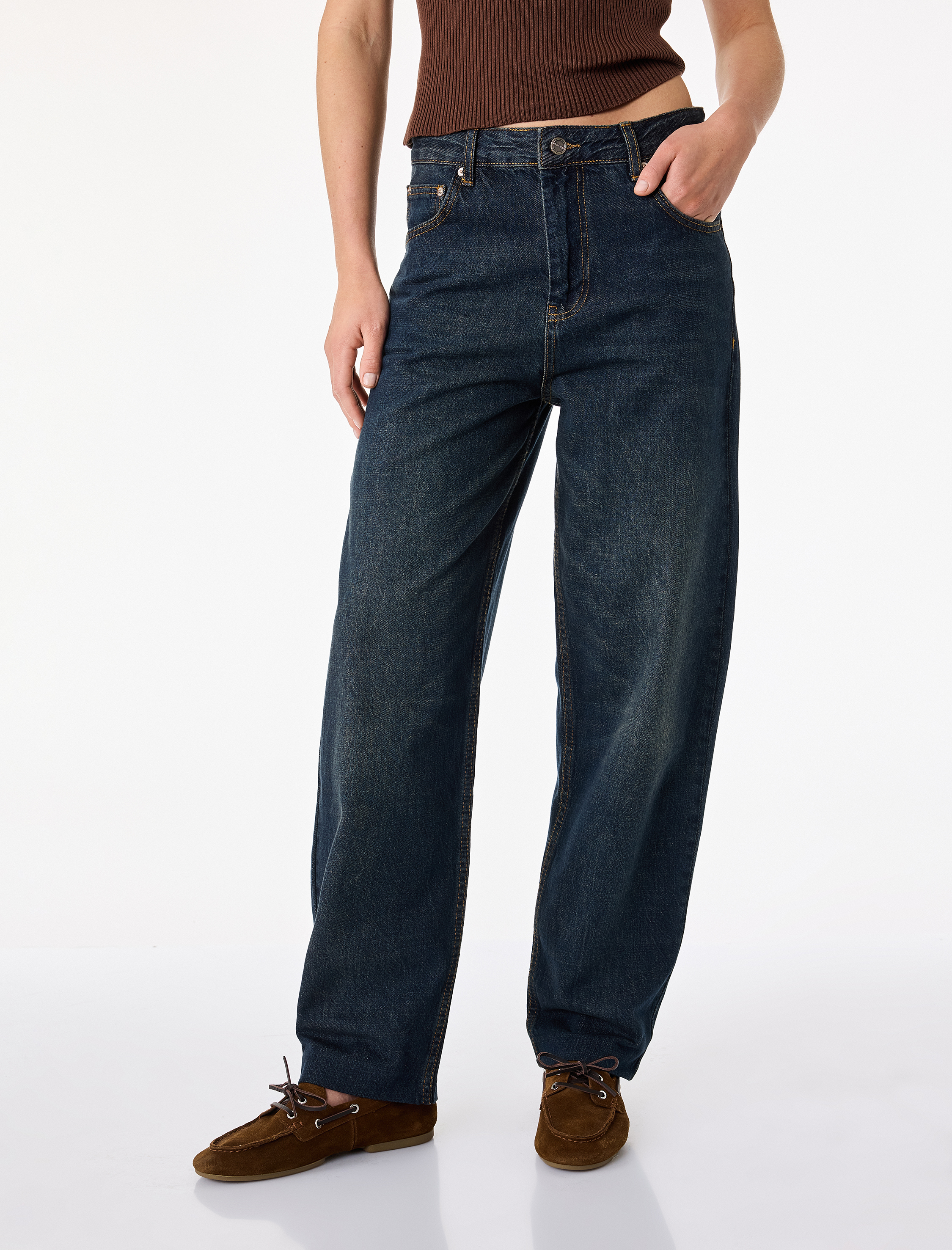   Pamuklu Düğmeli Cepli Normal Bel Düz Paça Denim Pantolon - Tapered Fit Jean