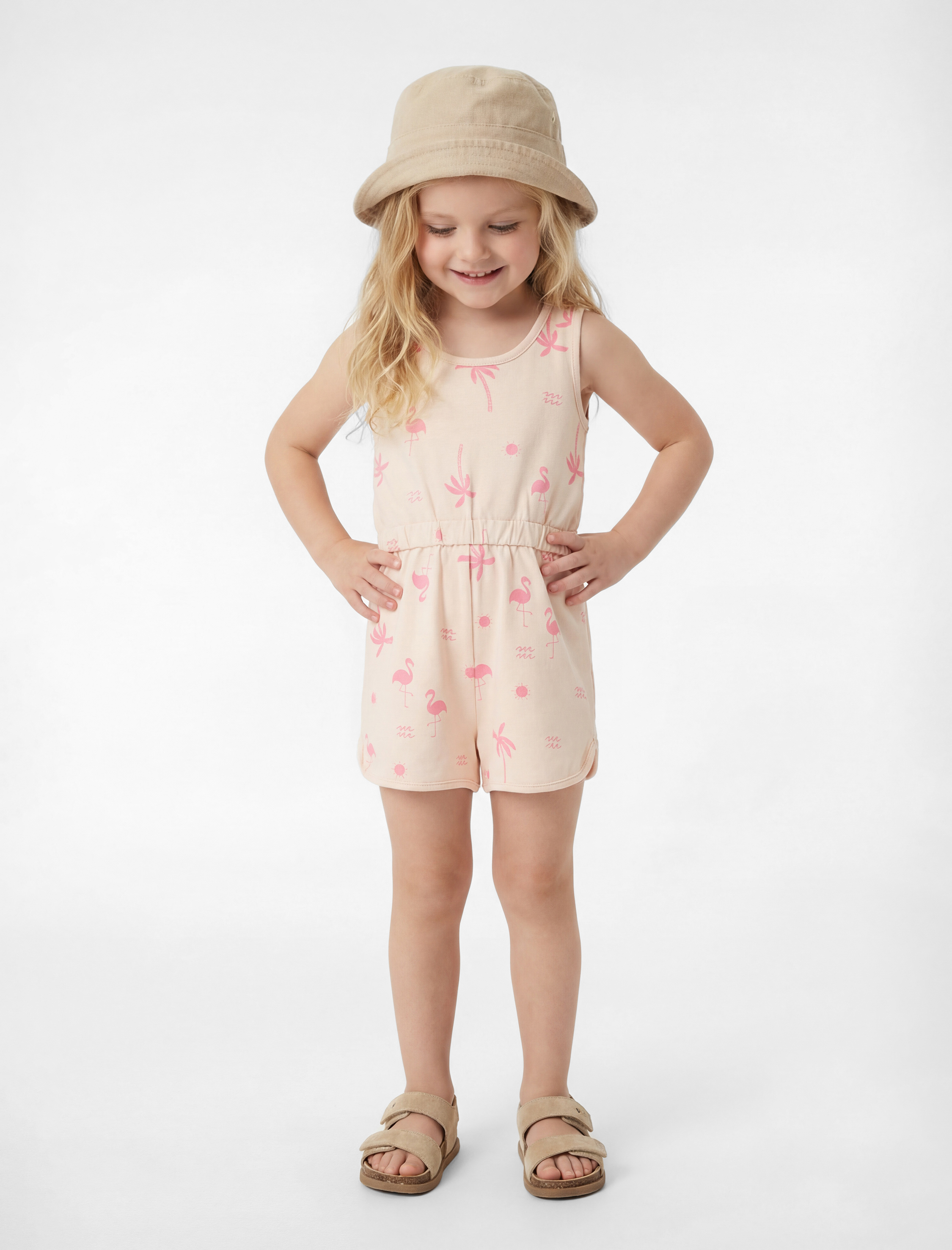  Kız Bebek Pamuklu Bisiklet Yaka Flamingo Baskılı Askılı Tulum