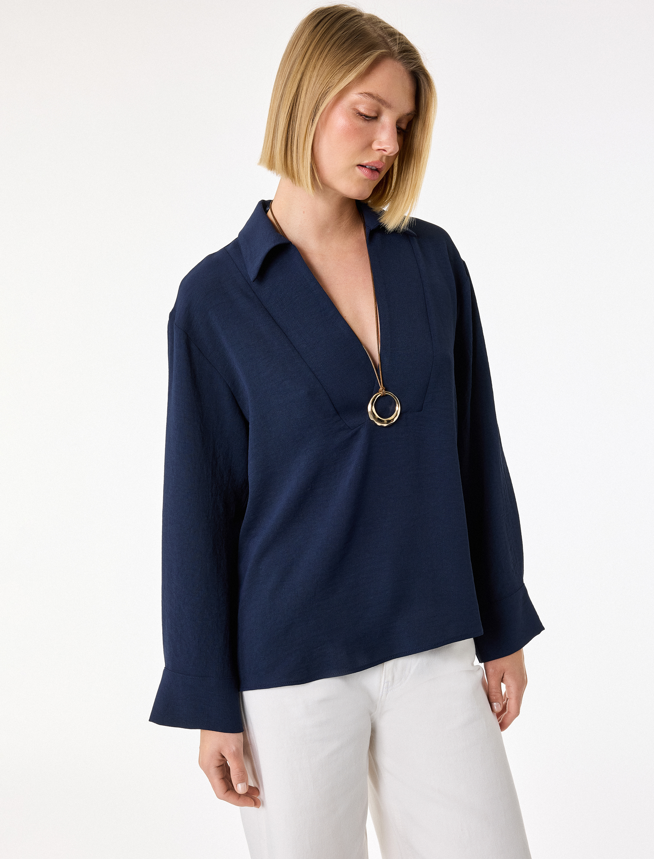   Aerobin Kumaş Uzun Kollu V Gömlek Yaka Bluz