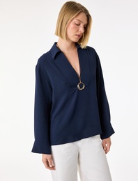 Aerobin Kumaş Uzun Kollu V Gömlek Yaka Bluz