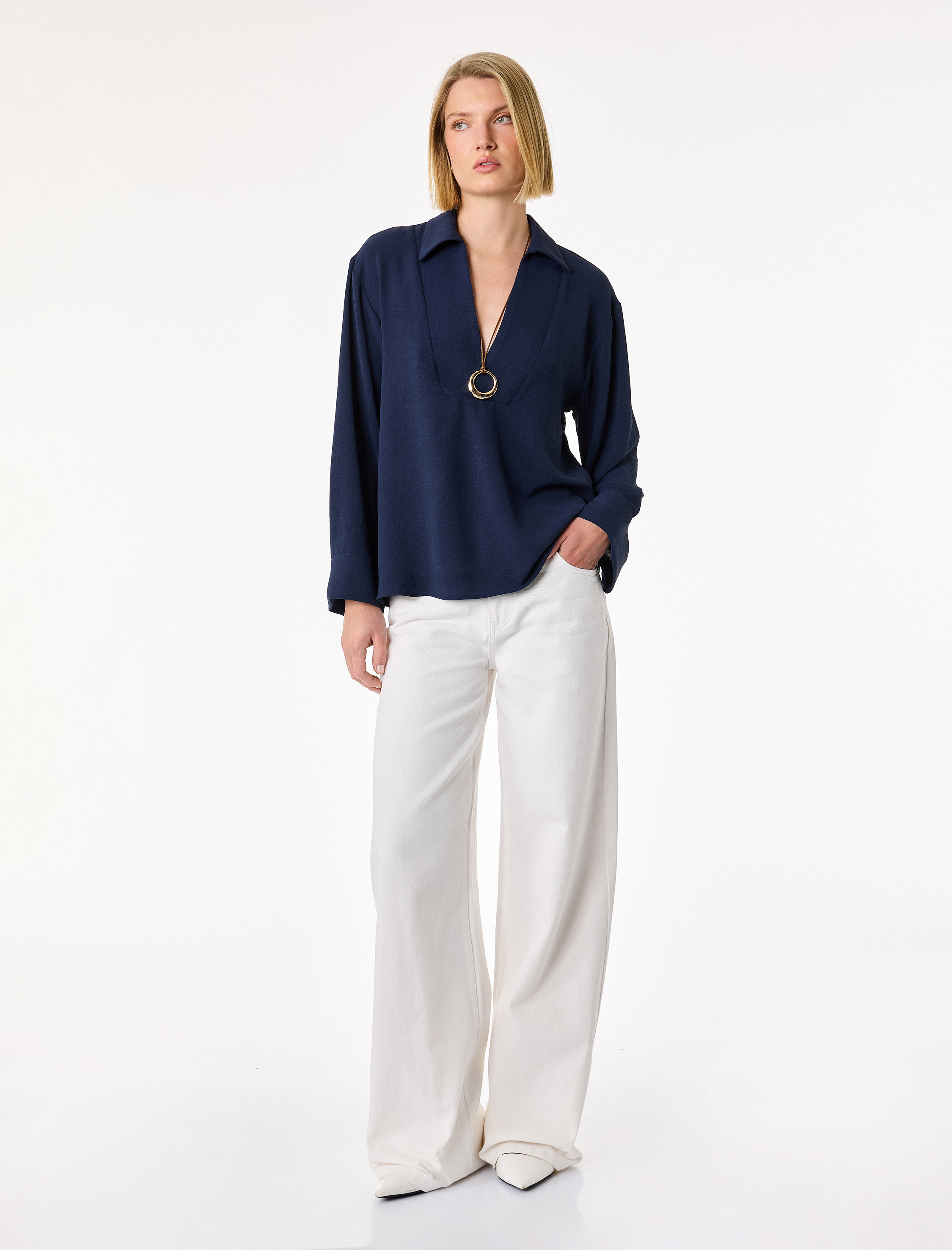   Aerobin Kumaş Uzun Kollu V Gömlek Yaka Bluz