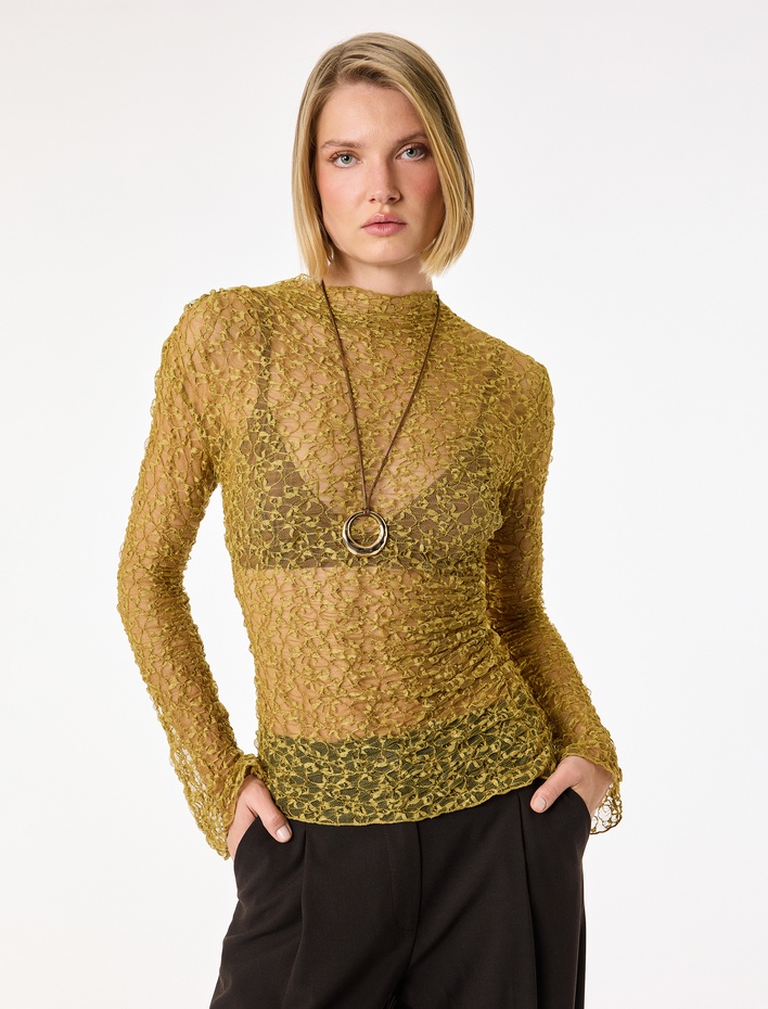 Uzun Kollu Yarı Transparan Dik Yaka Slim Fit Dantel Tişört