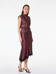 Asimetrik Kesim Dokulu Dantel Detaylı Midi Saten Etek