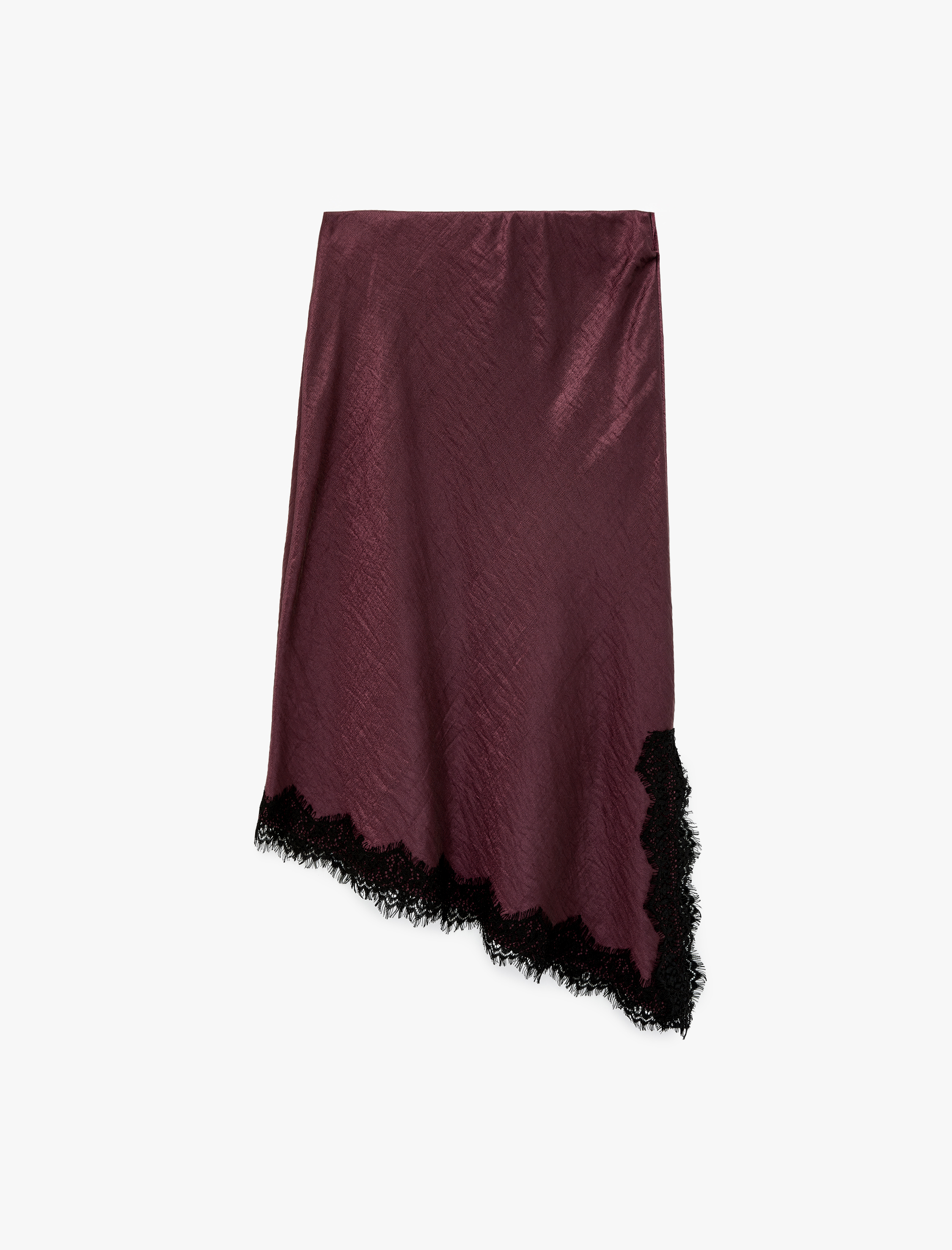 Asimetrik Kesim Dokulu Dantel Detaylı Midi Saten Etek - Görsel 4