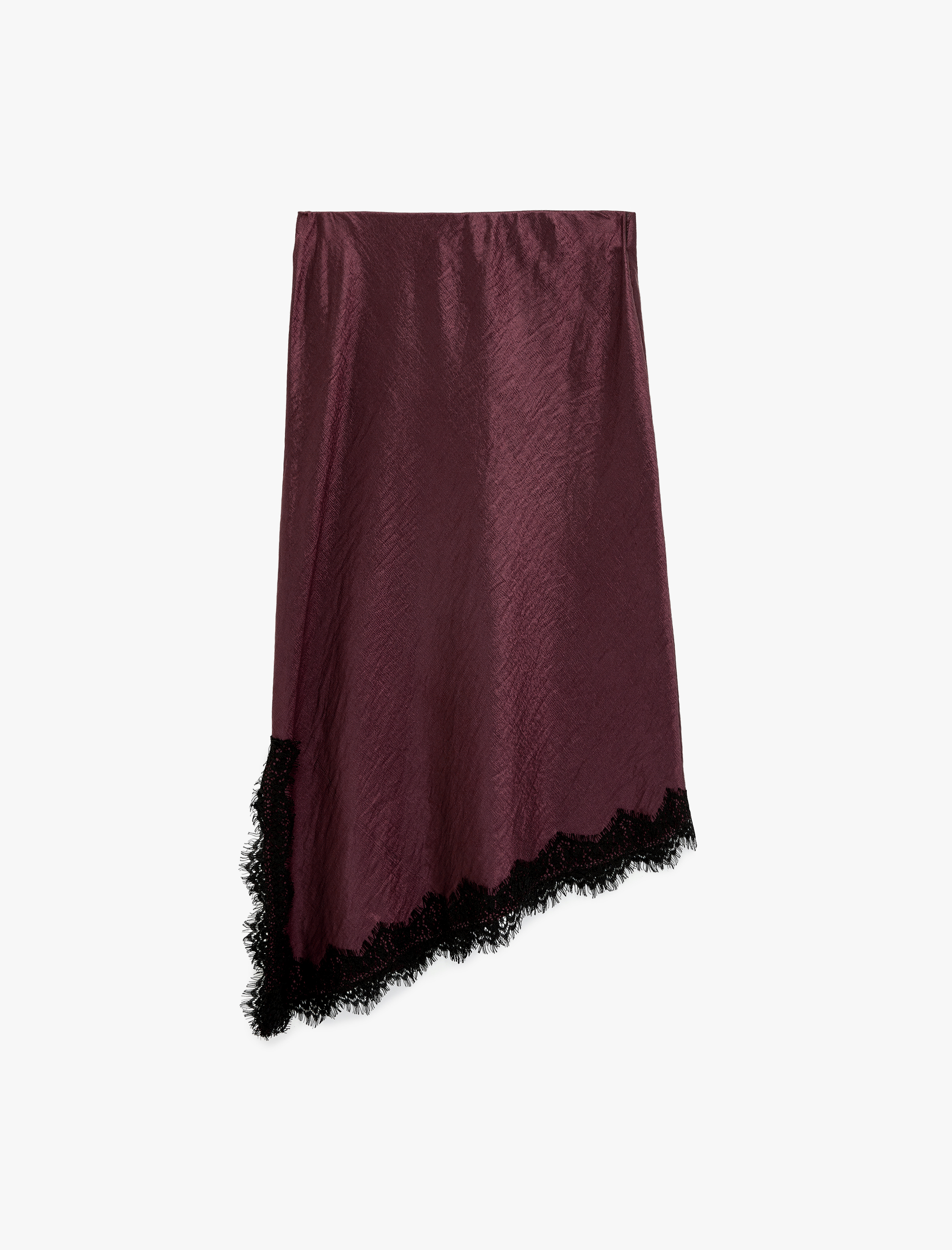 Asimetrik Kesim Dokulu Dantel Detaylı Midi Saten Etek - Görsel 3