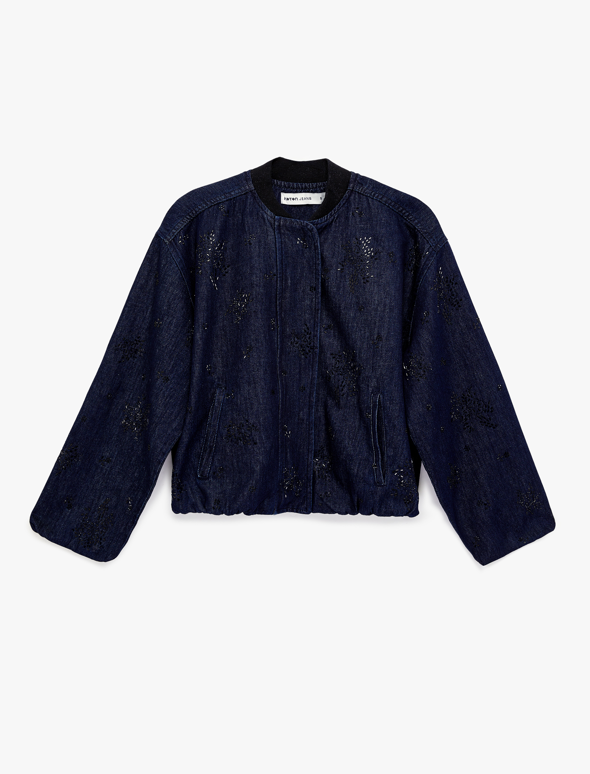   Taş Detaylı Uzun Kollu Düğmeli Yuvarlak Yaka Denim Ceket