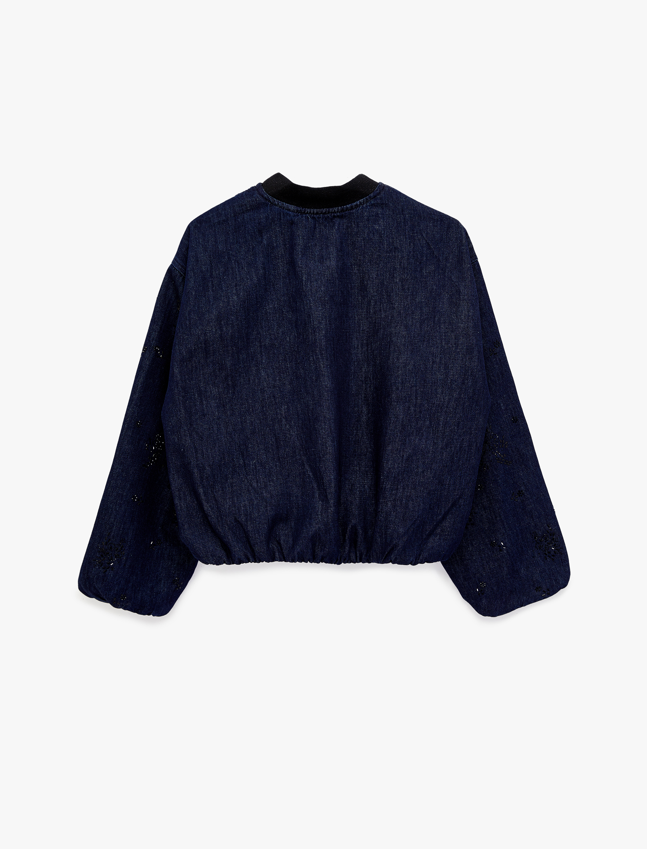   Taş Detaylı Uzun Kollu Düğmeli Yuvarlak Yaka Denim Ceket