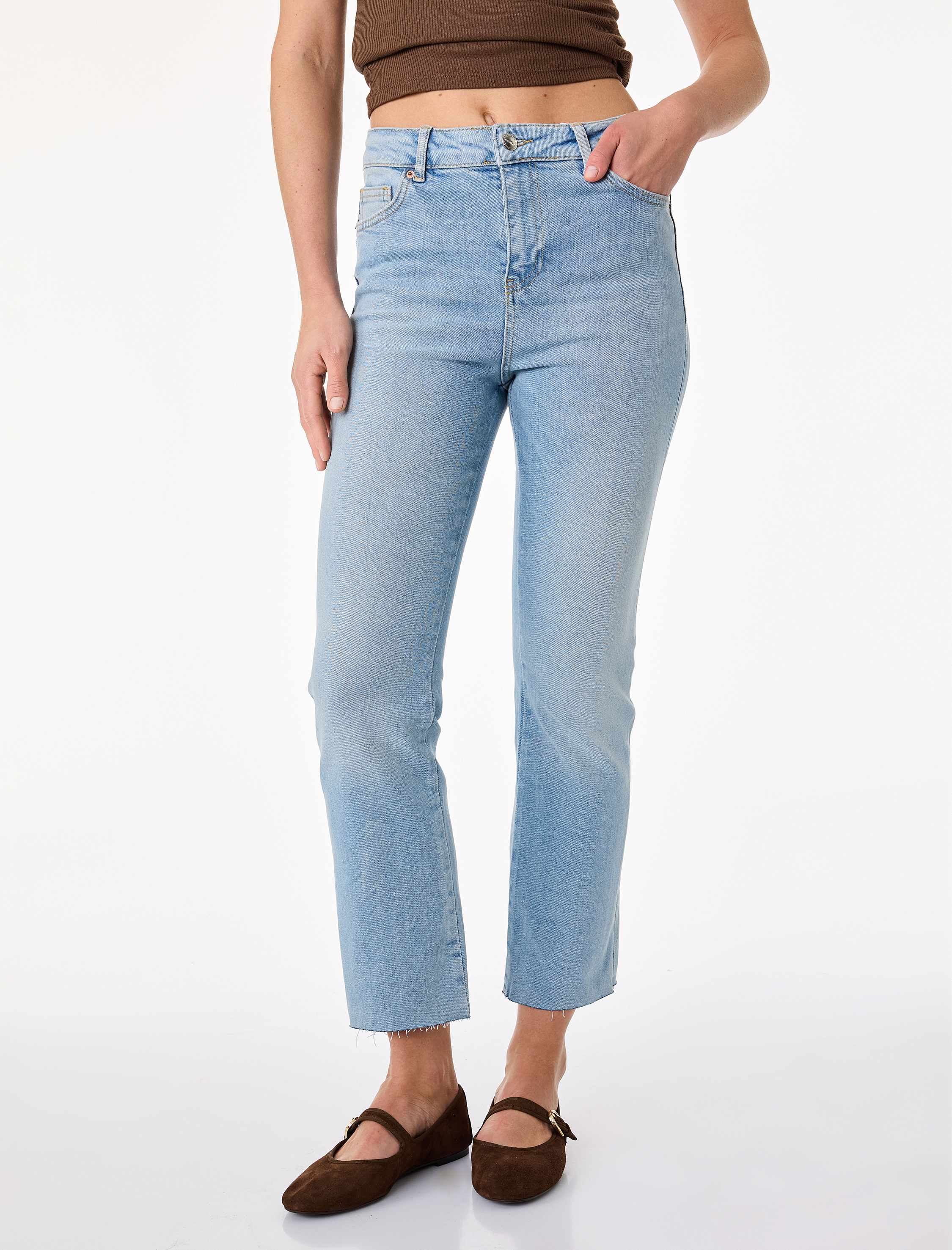   Normal Bel Dar Kesim Düğmeli Pamuklu İspanyol Paça Denim Pantolon - Flare Jeans