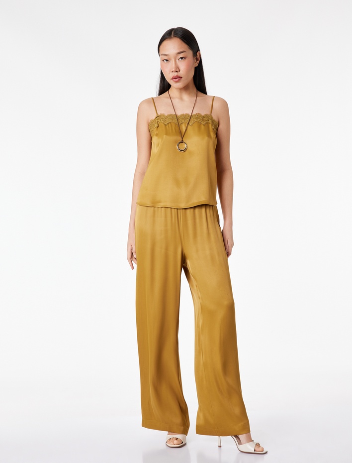  Beli Bağlamalı Geniş Paça Saten Pantolon