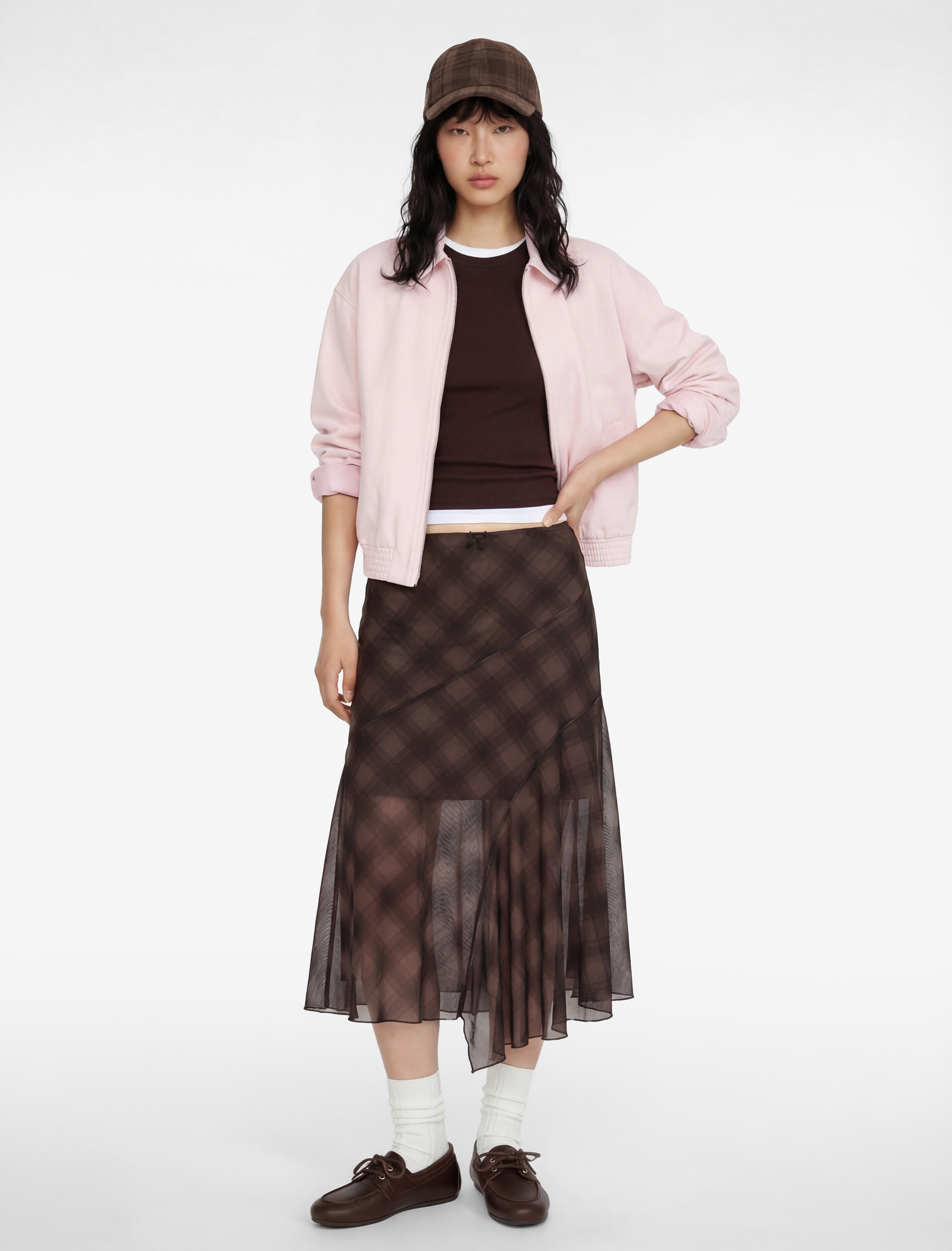   Asimetrik Kesim Ekoseli Midi Tül Etek