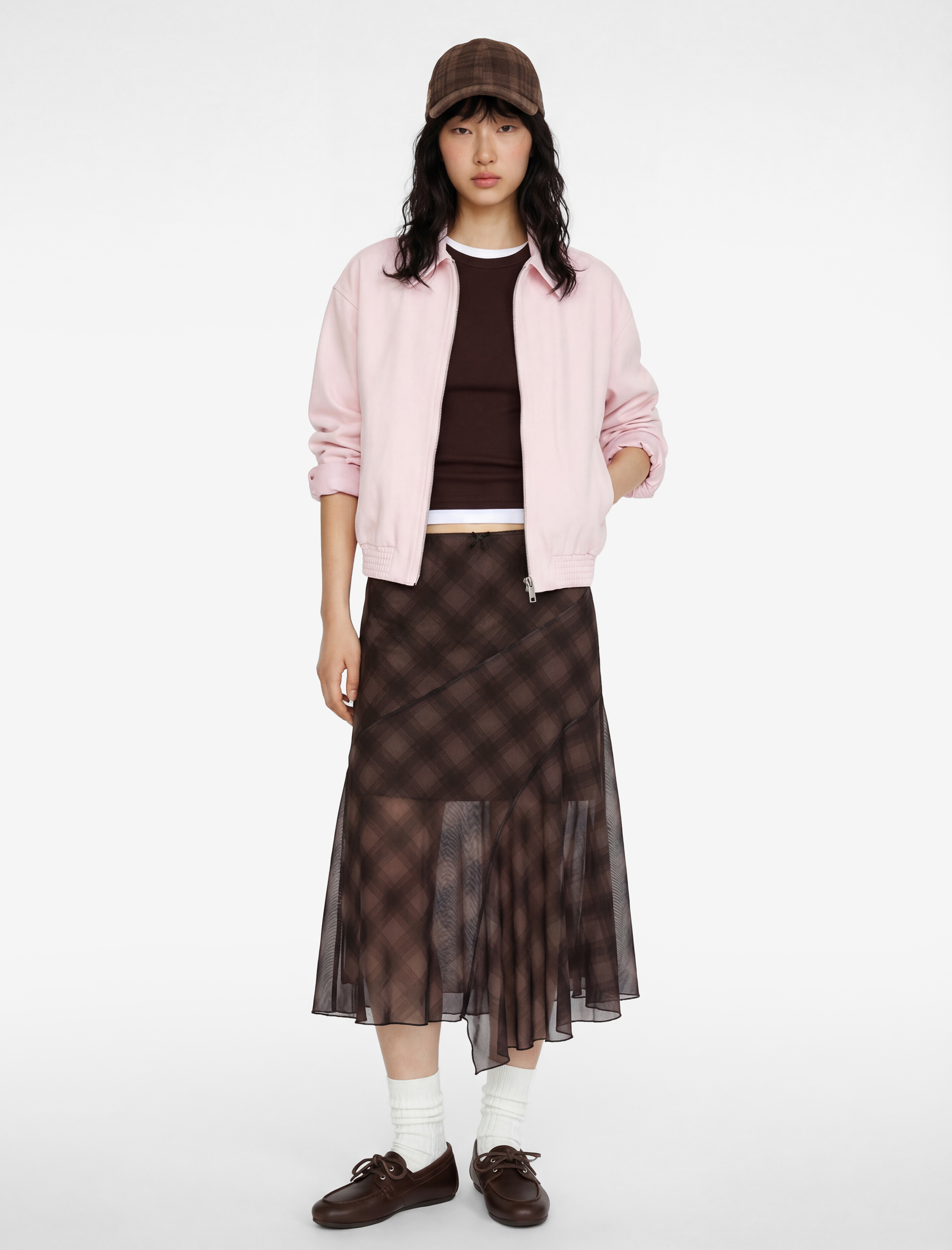   Asimetrik Kesim Ekoseli Midi Tül Etek