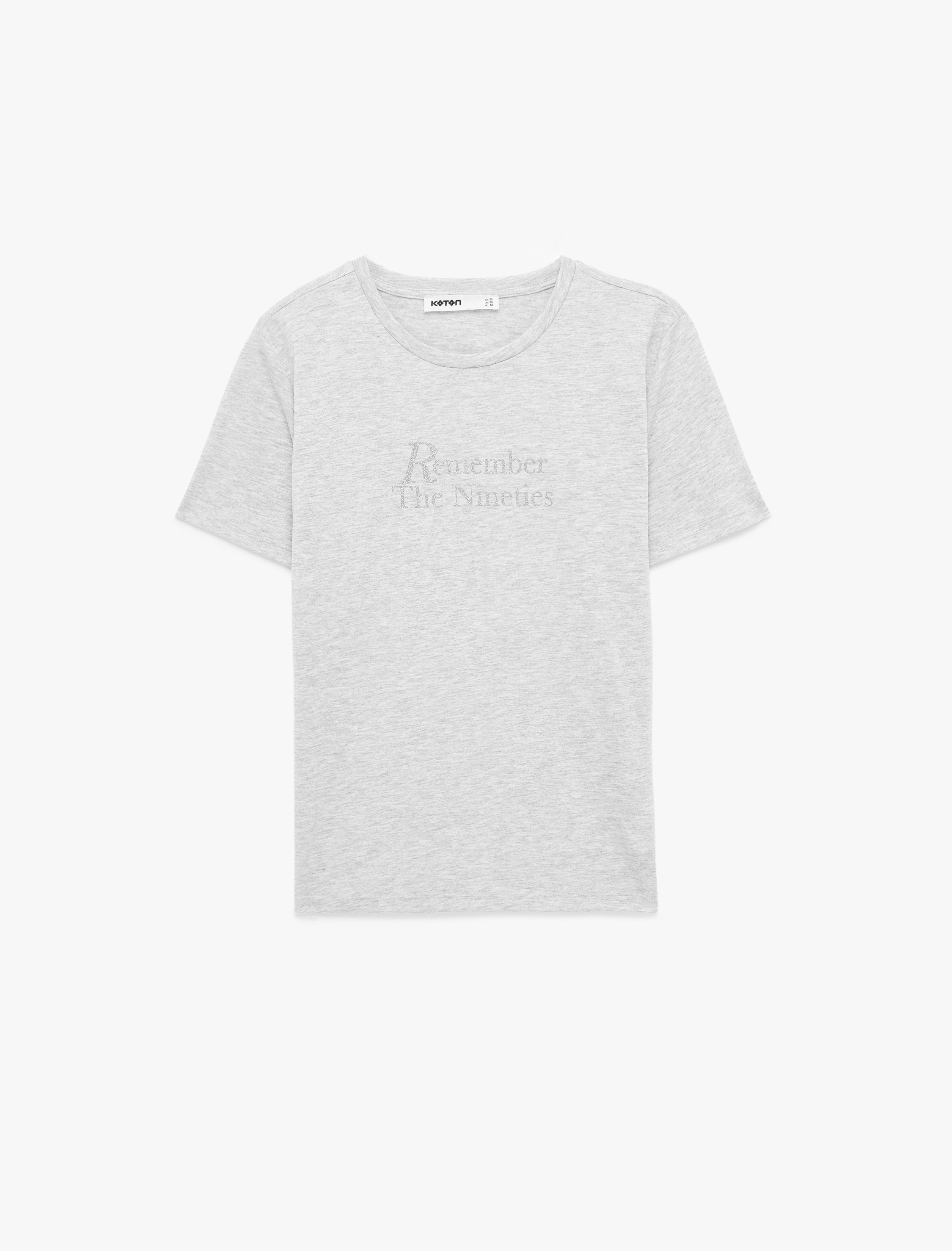   Regular Fit Kısa Kollu Bisiklet Yaka Simli Baskılı Tişört