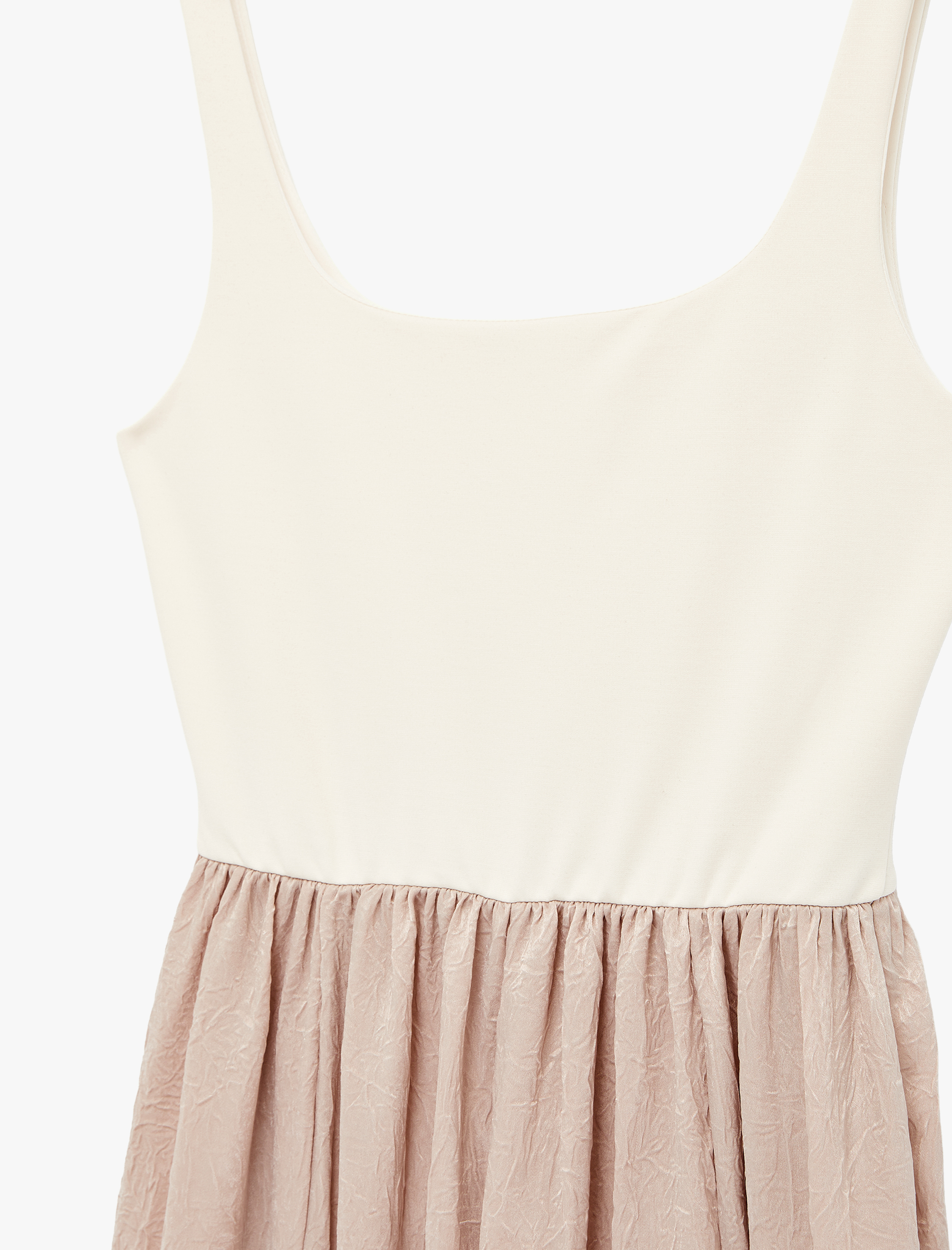   İki Farklı Kumaş Kullanımlı Kare Yaka Askılı Midi Elbise