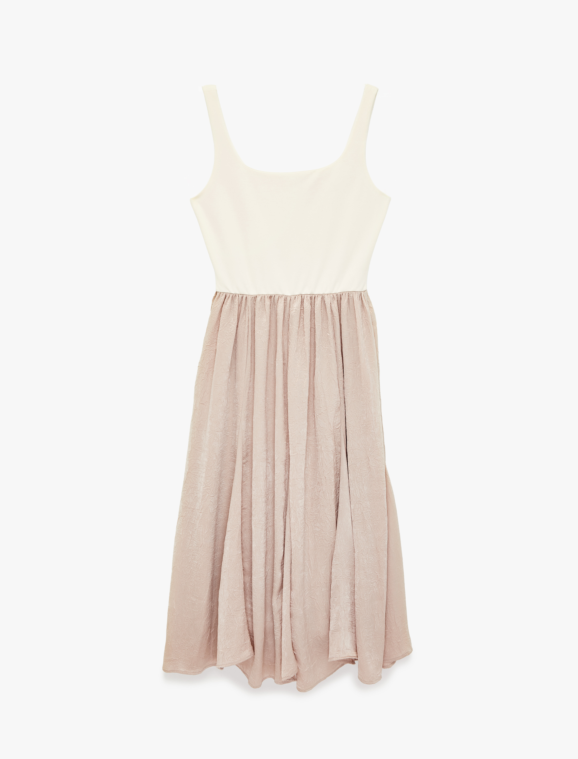   İki Farklı Kumaş Kullanımlı Kare Yaka Askılı Midi Elbise