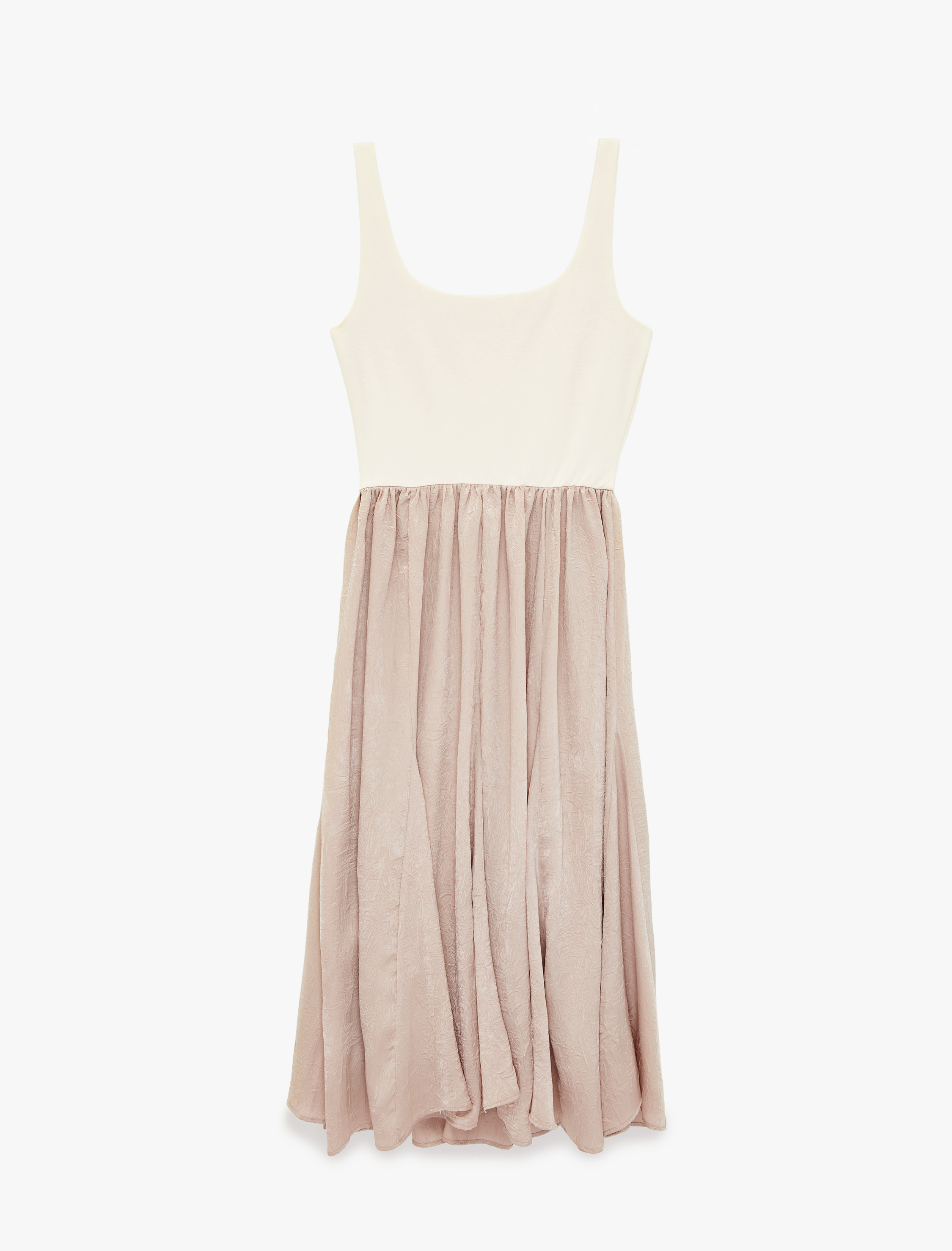   İki Farklı Kumaş Kullanımlı Kare Yaka Askılı Midi Elbise