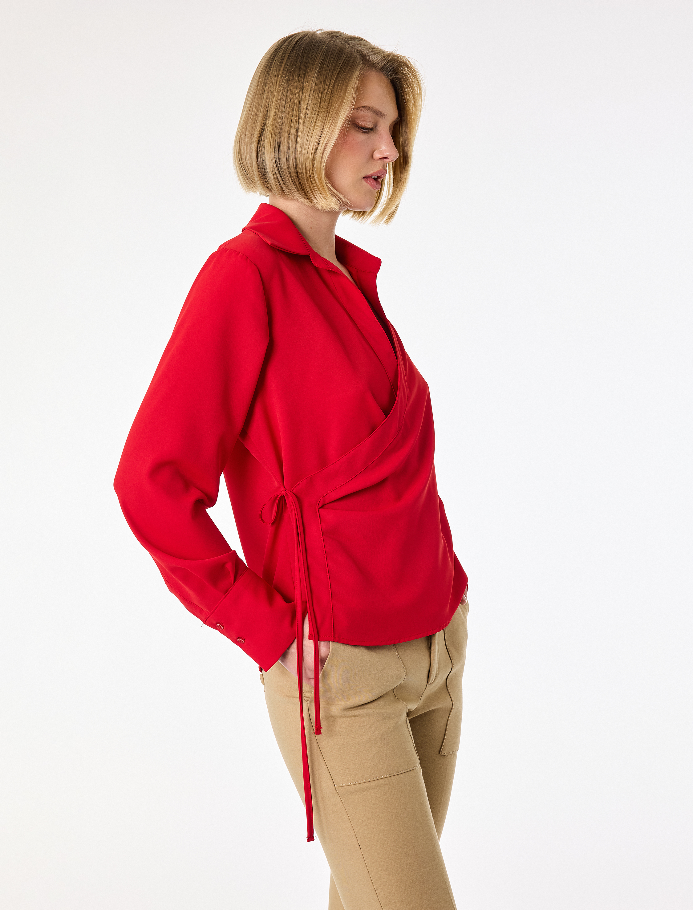   Bağlama Detaylı Uzun Kollu Kruvaze Yaka Gömlek