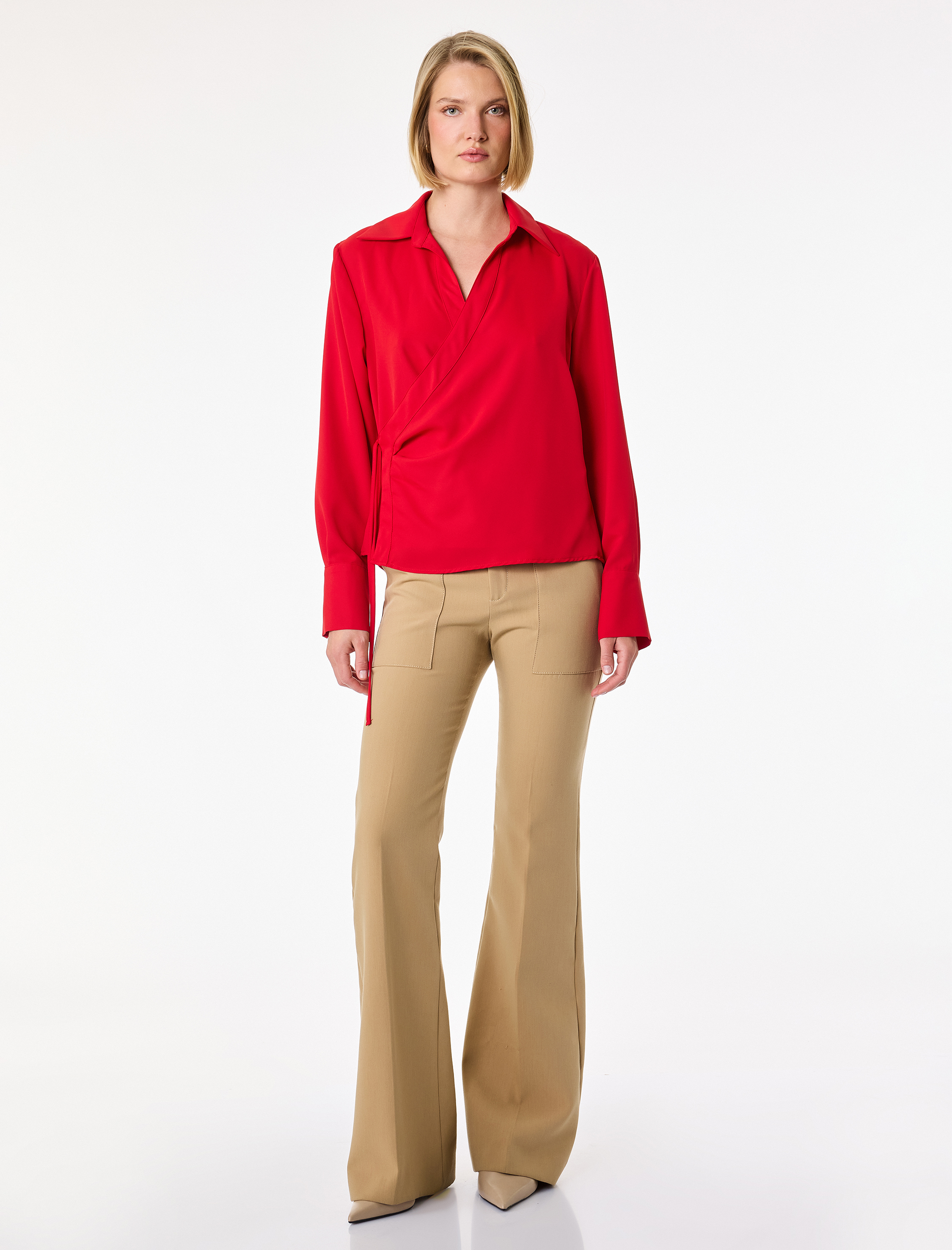   Bağlama Detaylı Uzun Kollu Kruvaze Yaka Gömlek