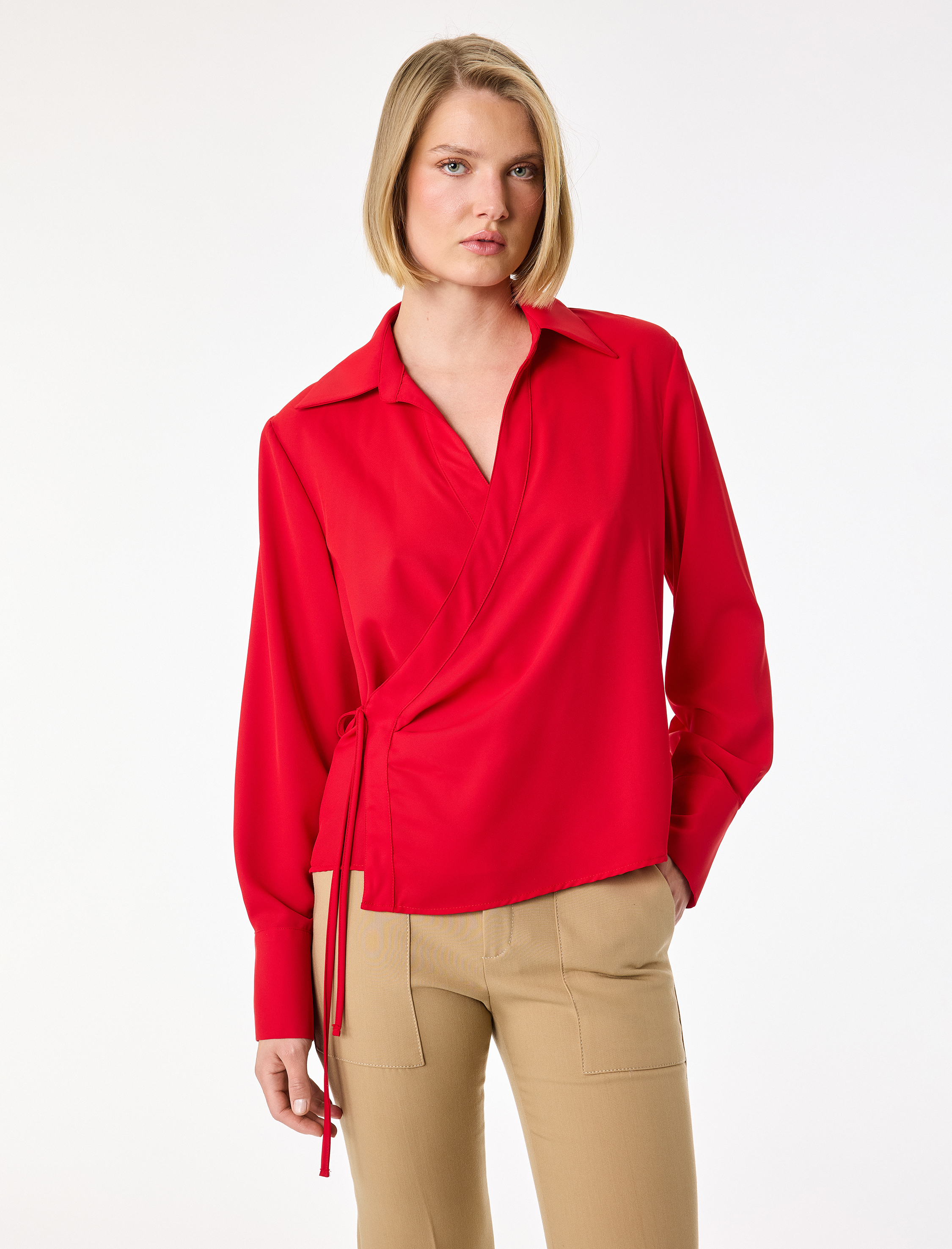   Bağlama Detaylı Uzun Kollu Kruvaze Yaka Gömlek