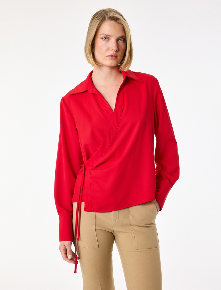  Bağlama Detaylı Uzun Kollu Kruvaze Yaka Gömlek