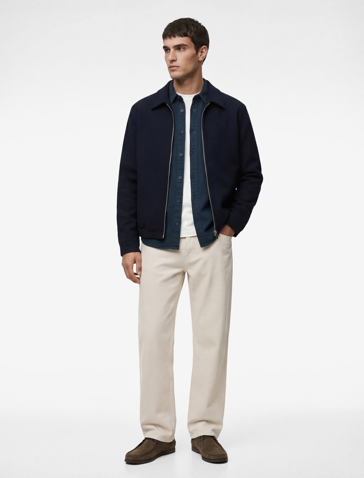  Regular Fit Uzun Kollu Cepli Gömlek Yaka Fermuarlı Bomber Ceket