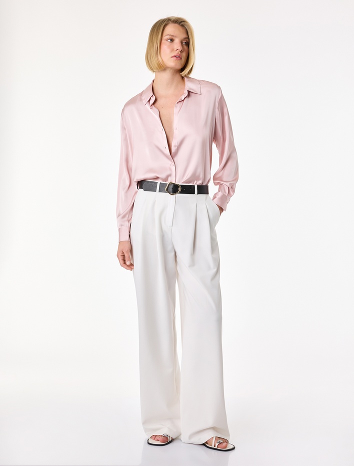  Uzun Kollu Klasik Yaka Düğmeli Saten Gömlek