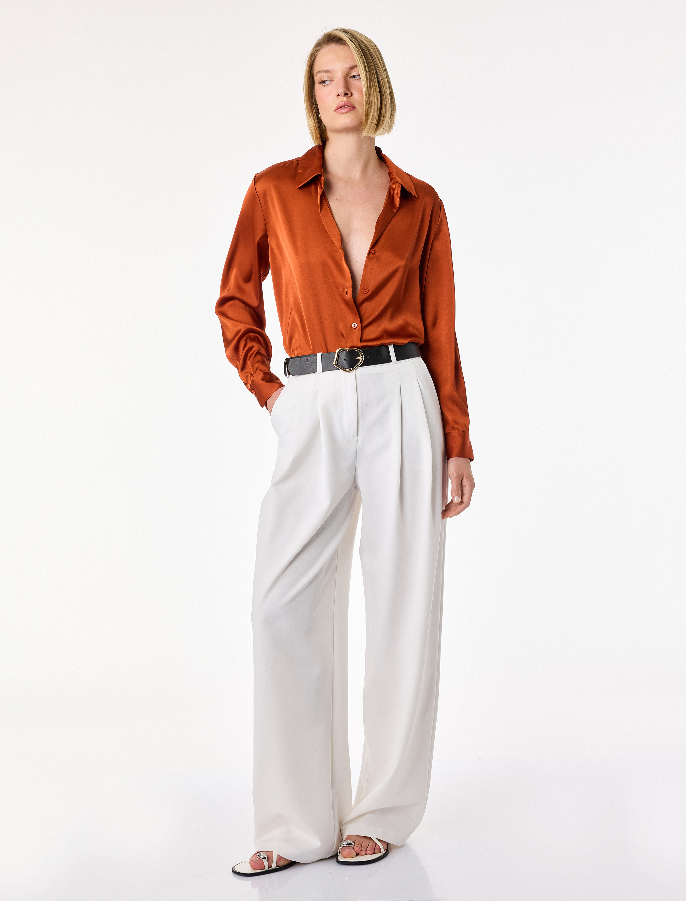 Uzun Kollu Klasik Yaka Düğmeli Saten Gömlek - Görsel 2