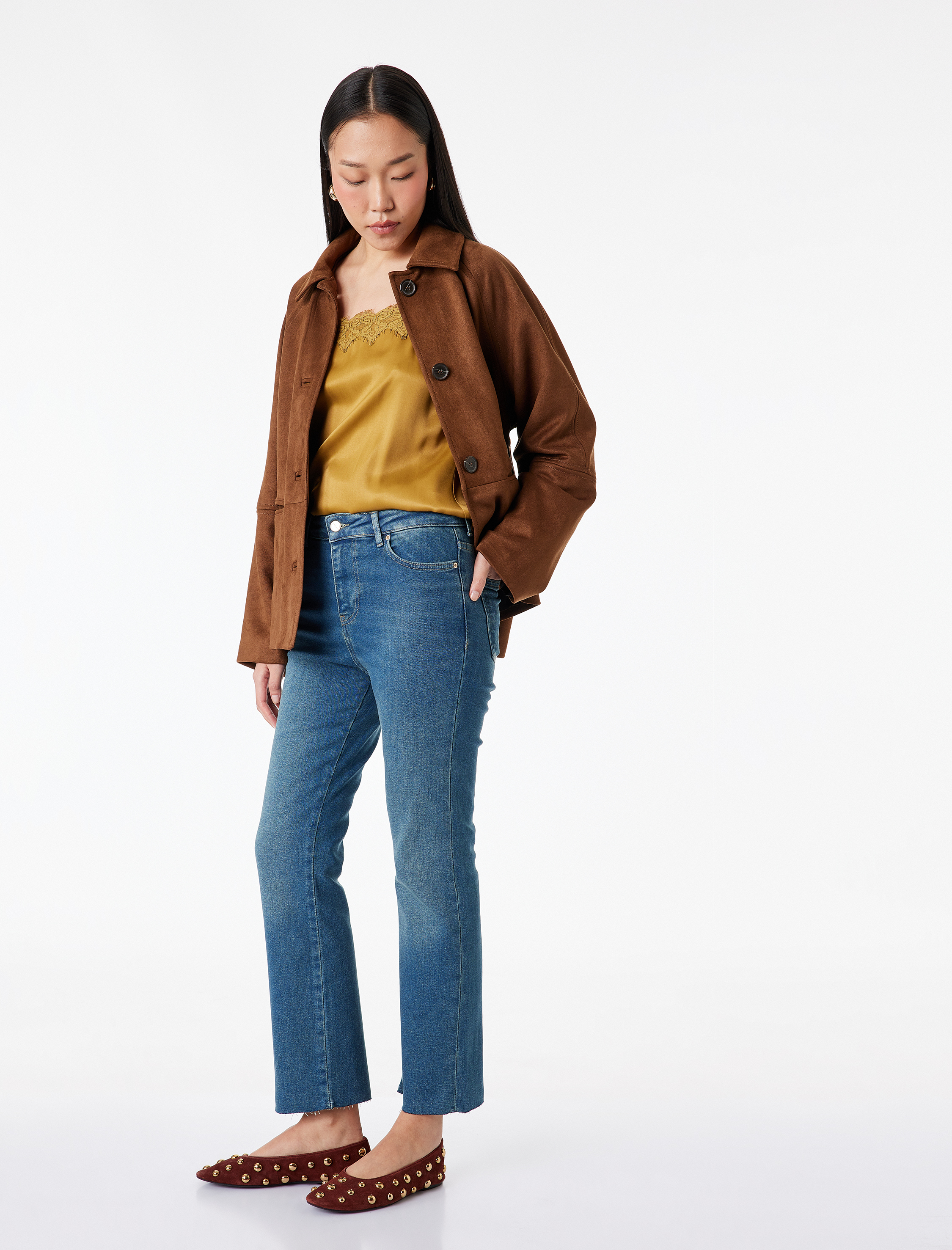   Normal Bel Dar Kesim Düğmeli Pamuklu İspanyol Paça Denim Pantolon - Flare Jeans