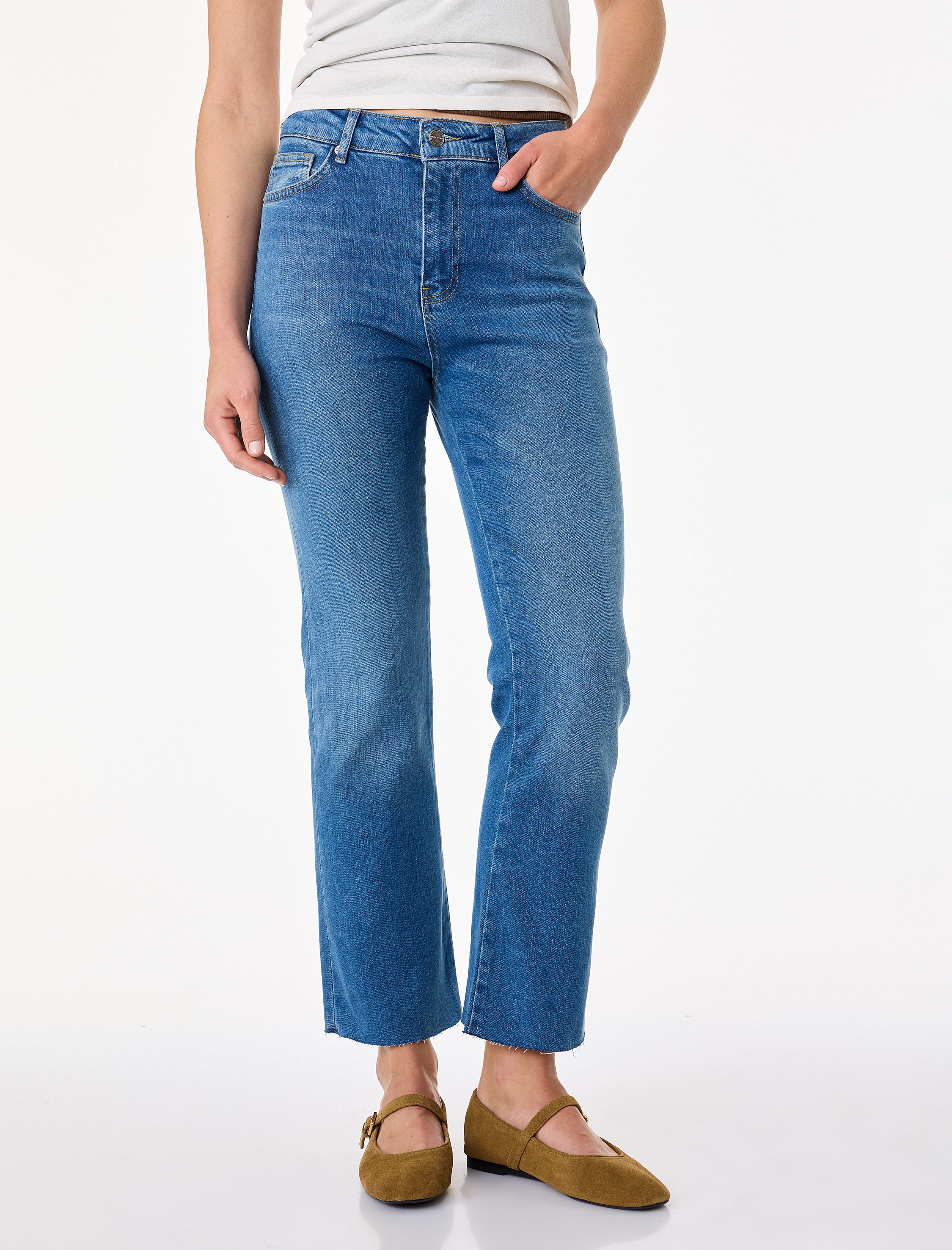   Normal Bel Dar Kesim Düğmeli Pamuklu İspanyol Paça Denim Pantolon - Flare Jeans