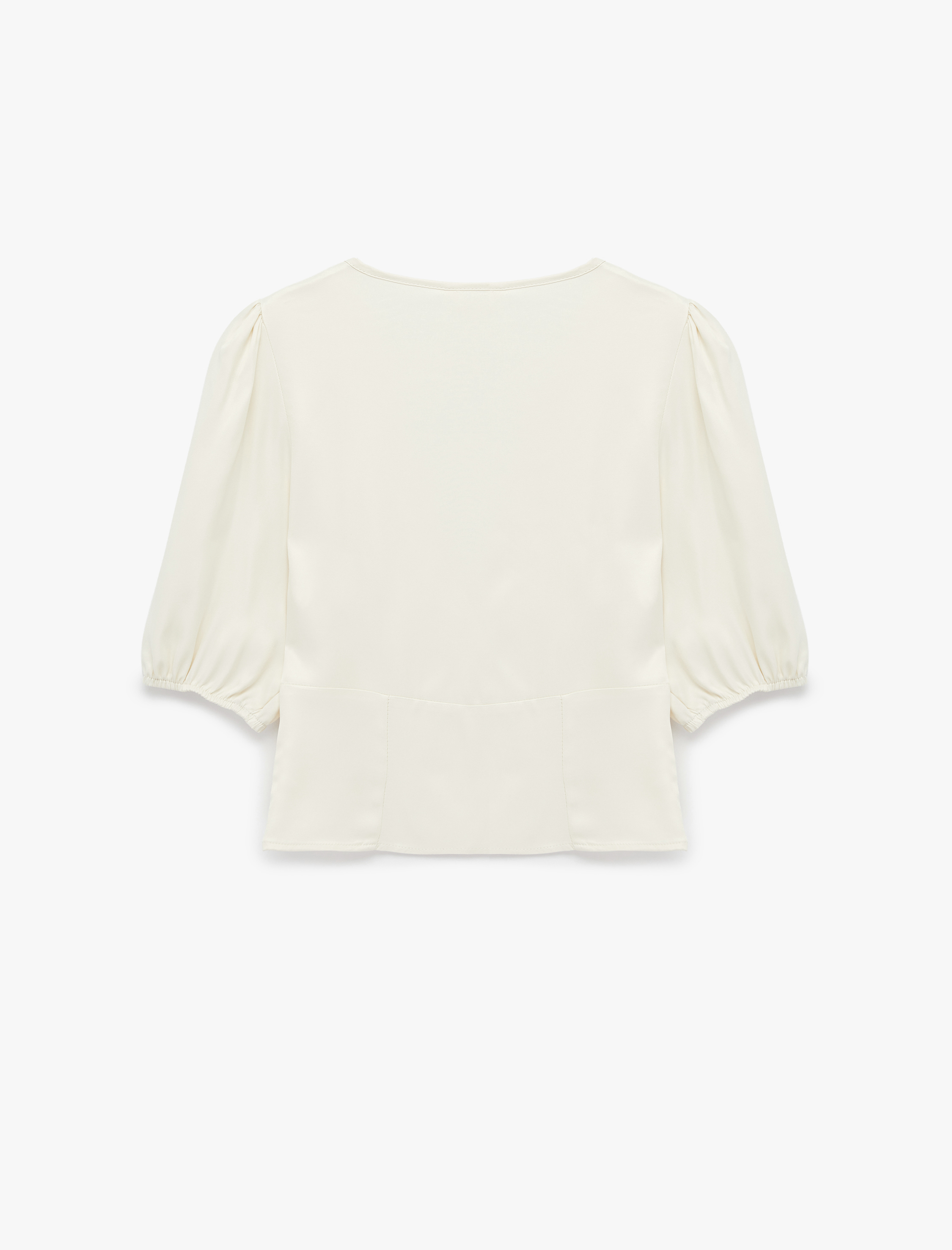   Slim Fit Dantel Detaylı Kısa Balon Kollu V Yaka Saten Crop Bluz