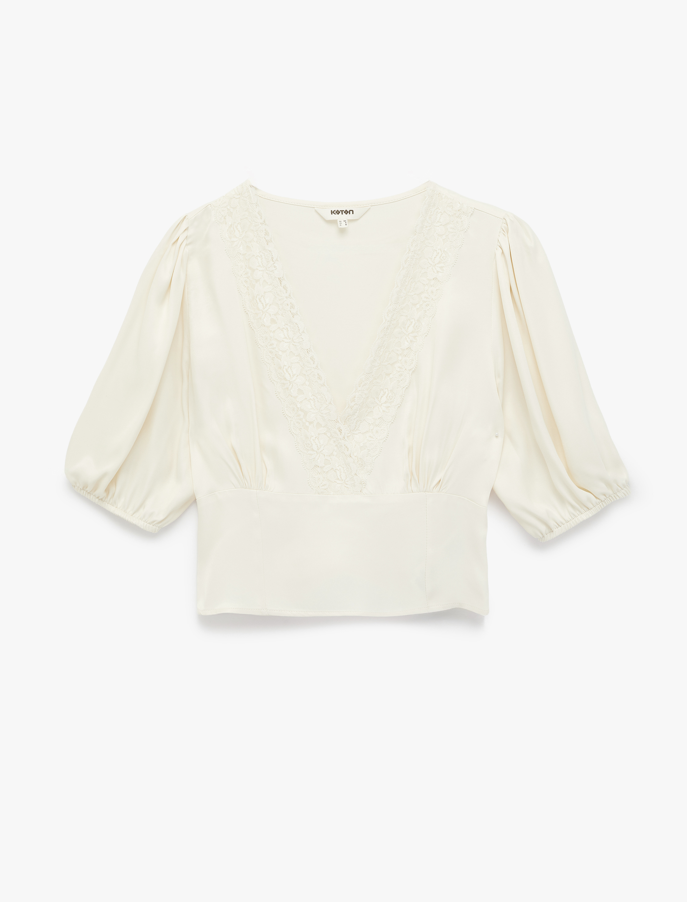   Slim Fit Dantel Detaylı Kısa Balon Kollu V Yaka Saten Crop Bluz