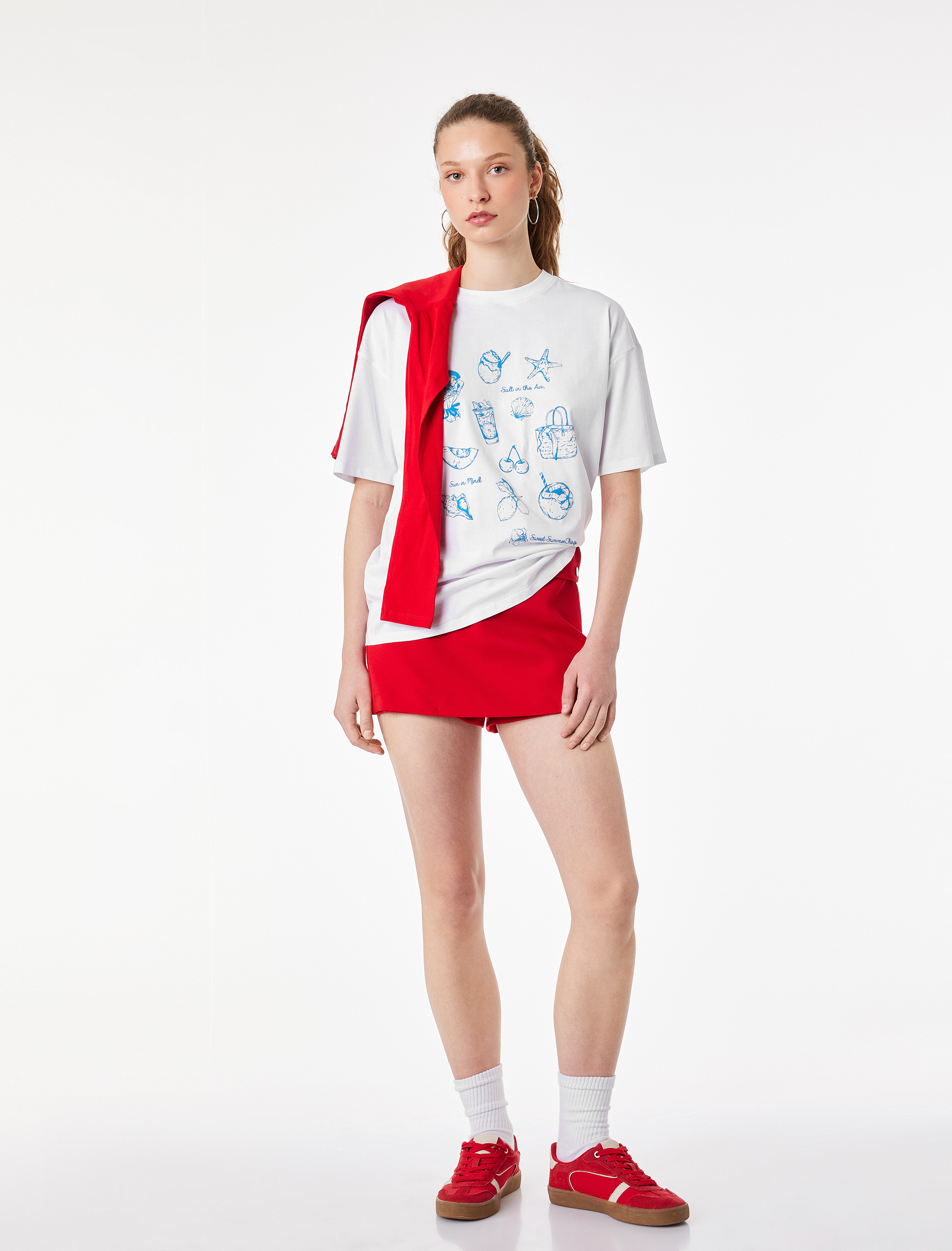   Rahat Kalıp Kısa Kollu Bisiklet Yaka Pamuklu Baskılı Tişört