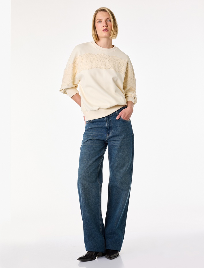  Uzun Kollu Bisiklet Yaka Dantel Detaylı Sweatshirt