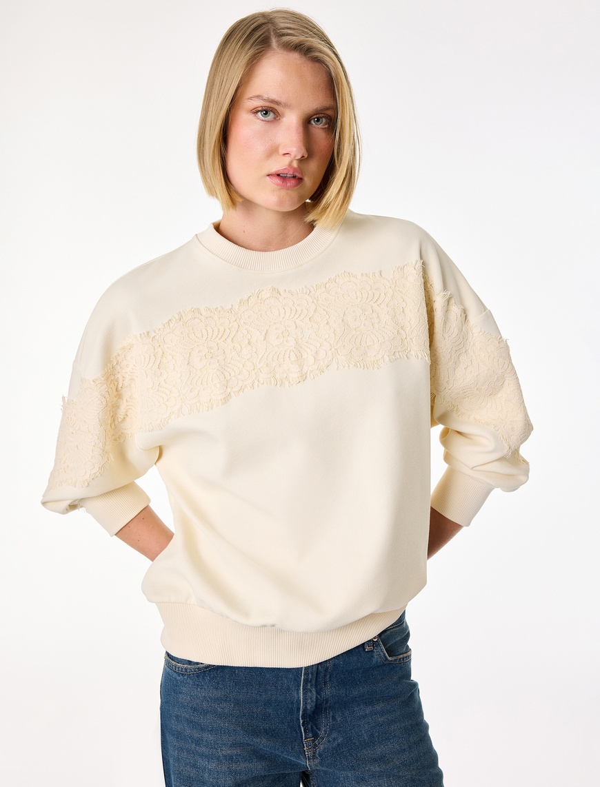Koton Kadın Uzun Kollu Bisiklet Yaka Dantel Detaylı Sweatshirt