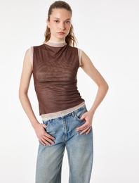 Slim Fit Dik Yaka Kolsuz Tül Bluz