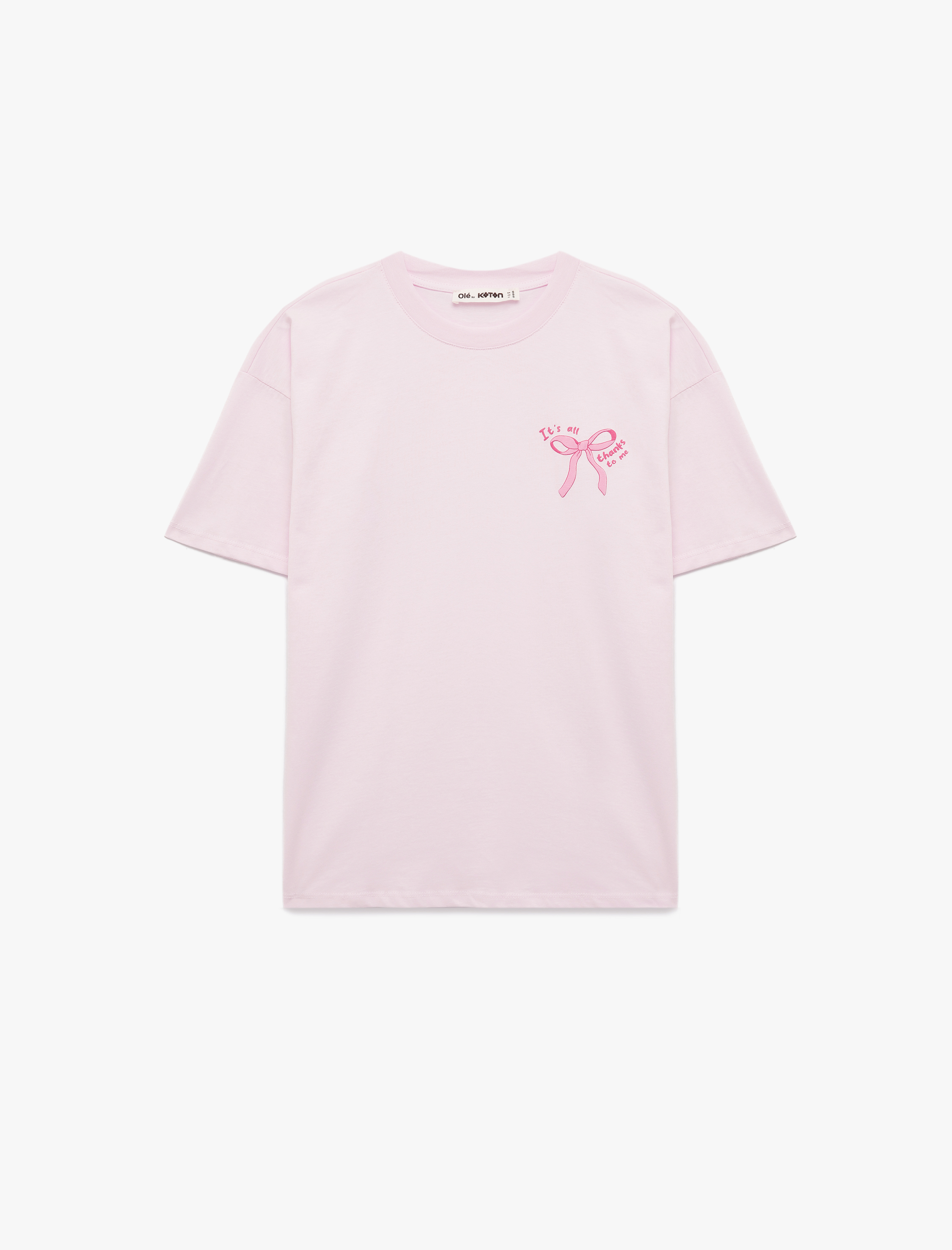   Rahat Kalıp Kısa Kollu Bisiklet Yaka Arkası Baskılı Fiyonklu Tişört