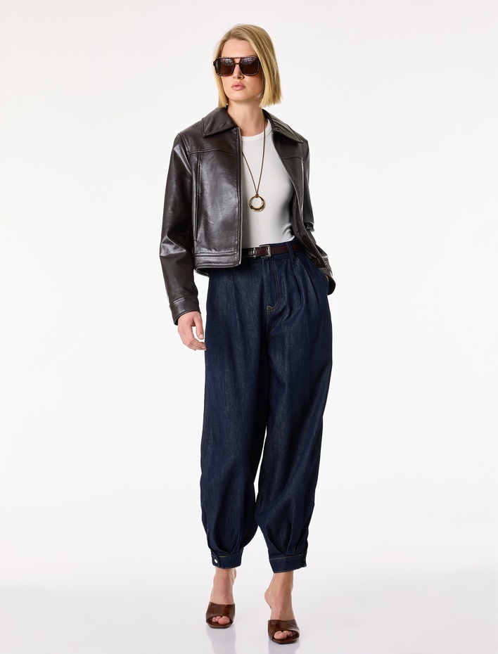  Pamuklu Rahat Kalıp Stoperli Paça Düğmeli Cepli Denim Pantolon