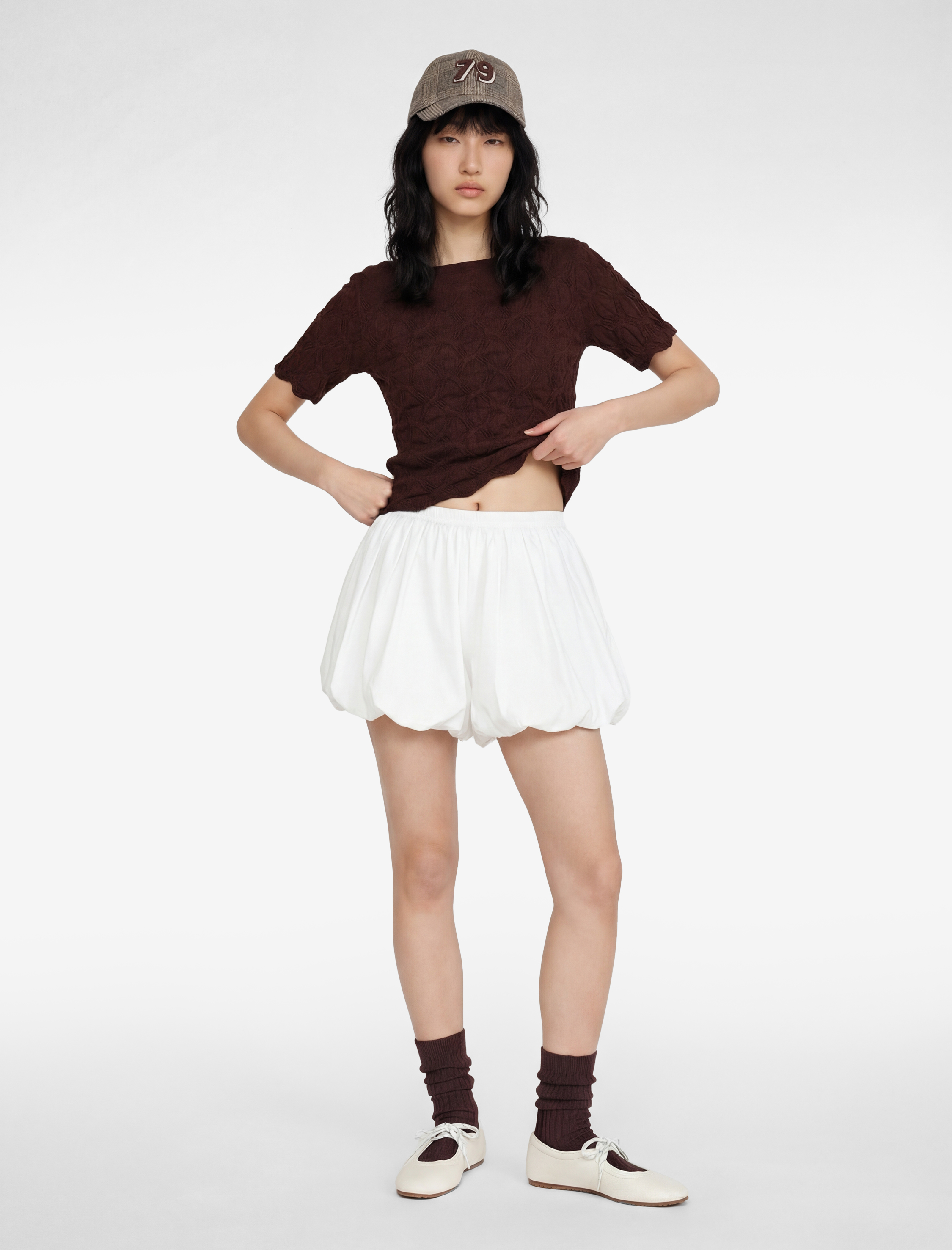   Bürümcük Kumaş Slim Fit Kısa Kollu Kayık Yaka Crop Tişört