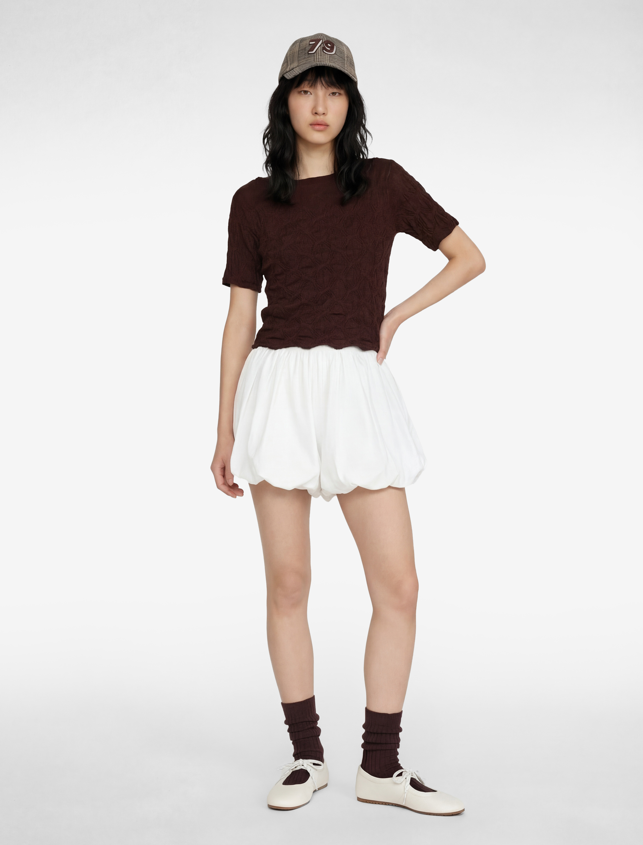   Bürümcük Kumaş Slim Fit Kısa Kollu Kayık Yaka Crop Tişört