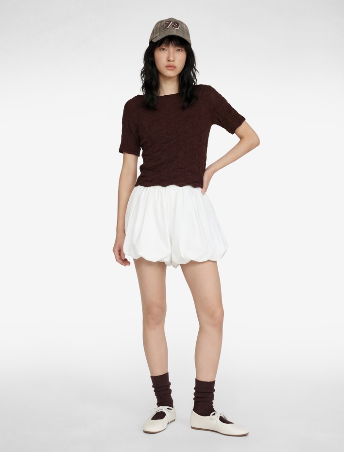  Bürümcük Kumaş Slim Fit Kısa Kollu Kayık Yaka Crop Tişört