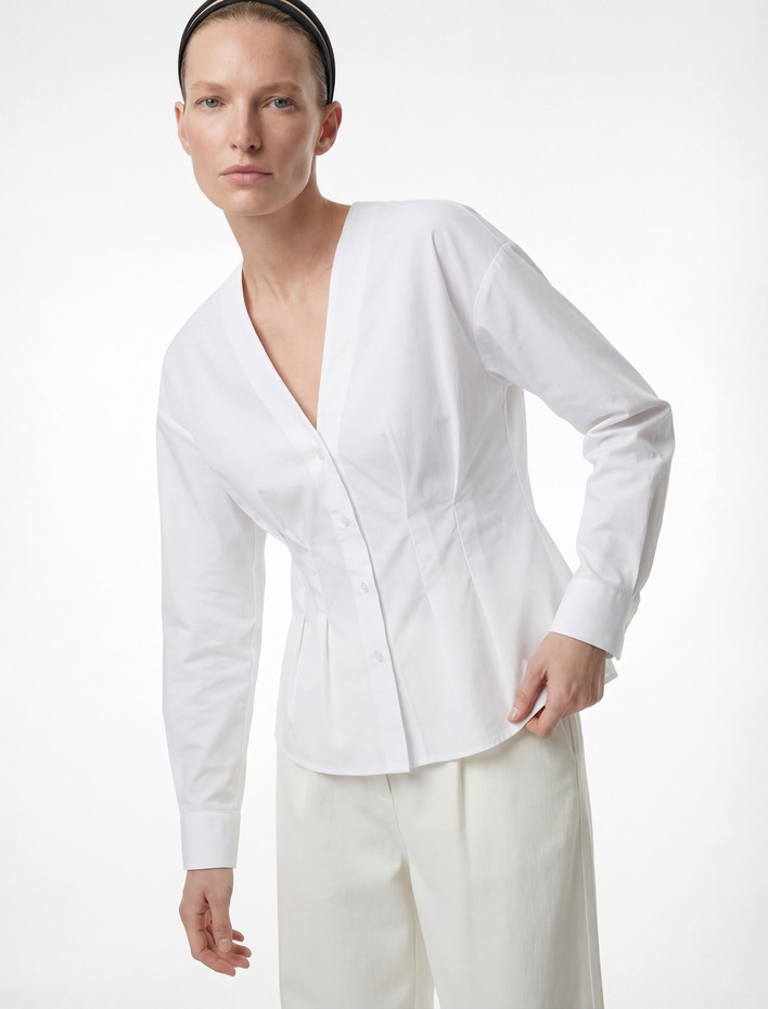  Slim Fit Pamuklu Düğmeli Uzun Kollu V Yaka Pileli Peplum Gömlek