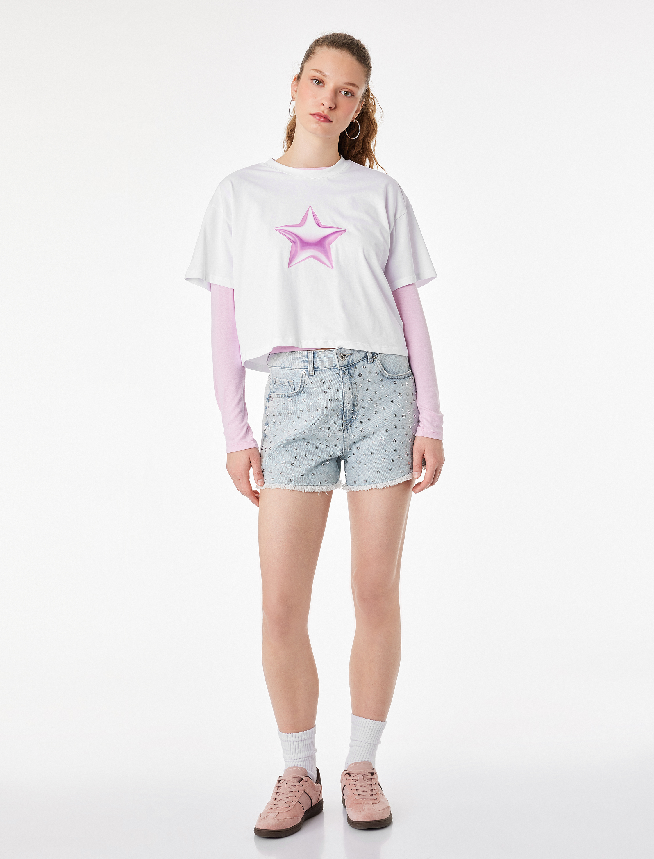   Pamuklu Kısa Kollu Bisiklet Yaka Yıldız Baskılı Crop Tişört