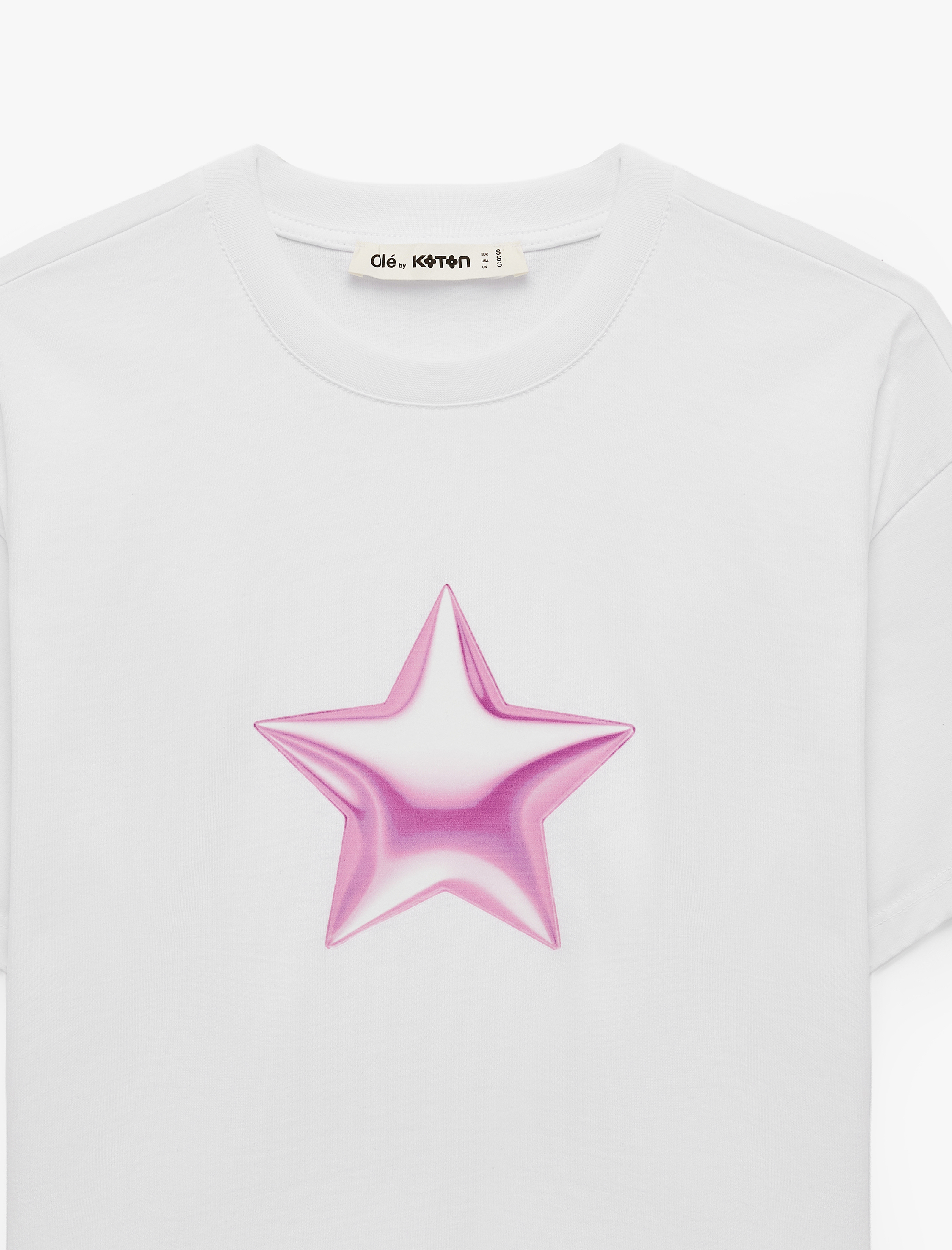   Pamuklu Kısa Kollu Bisiklet Yaka Yıldız Baskılı Crop Tişört