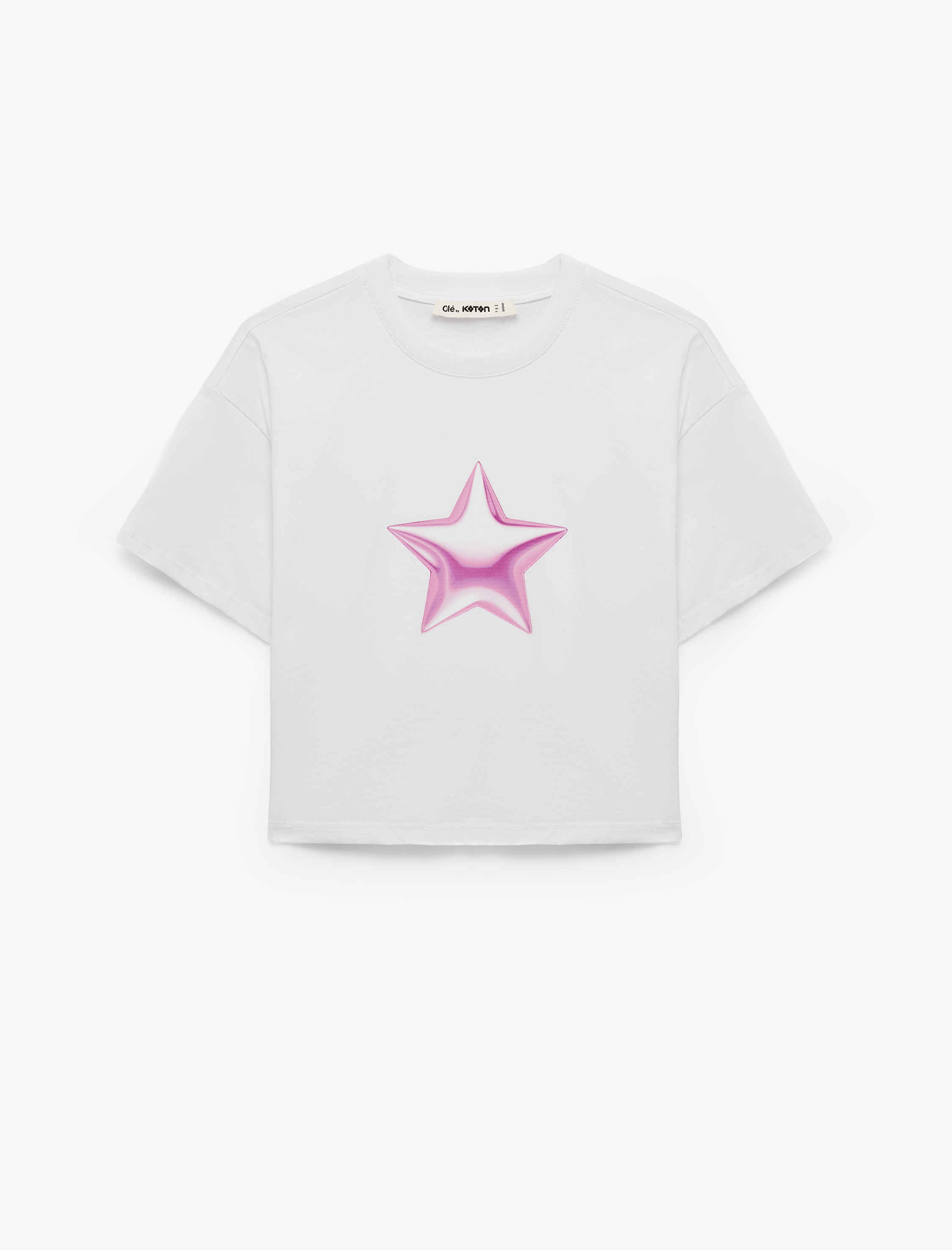   Pamuklu Kısa Kollu Bisiklet Yaka Yıldız Baskılı Crop Tişört