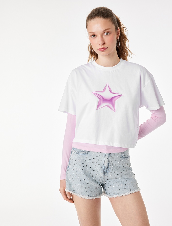  Pamuklu Kısa Kollu Bisiklet Yaka Yıldız Baskılı Crop Tişört