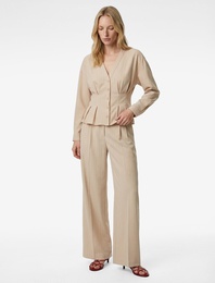 Uzun Kollu Çizgili Pileli Yakasız Gömlek